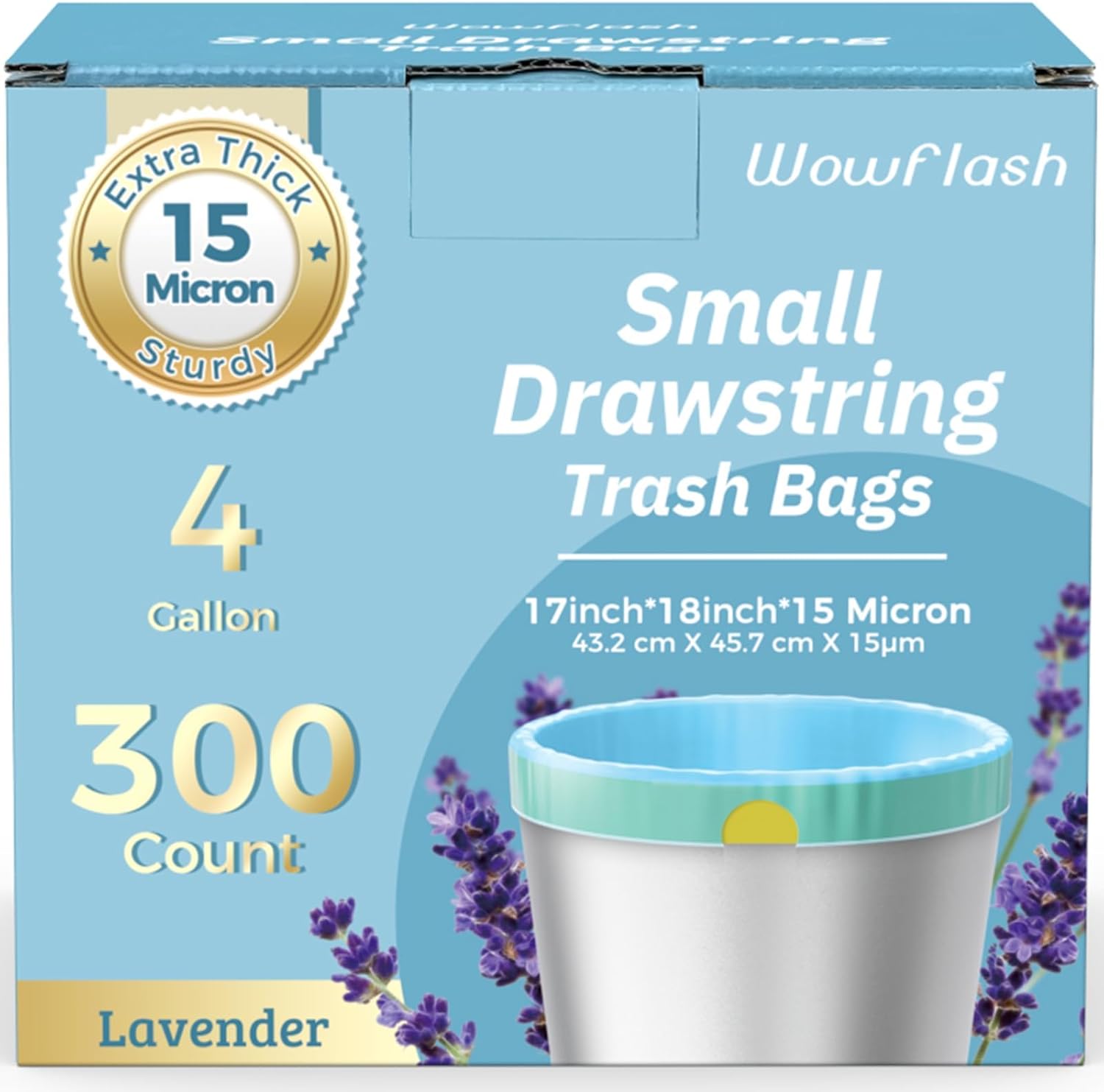 300 Count 15 Micron Extra Thick 4 Gallon Drawstring Small Trash Bags, 