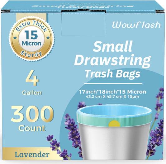 300 Count 15 Micron Extra Thick 4 Gallon Drawstring Small Trash Bags, 
