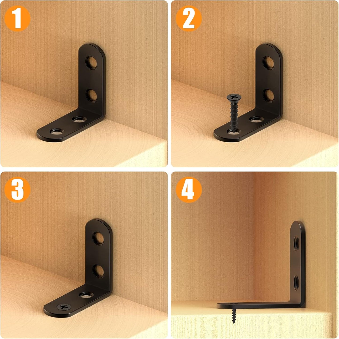 18PCS L Bracket Corner Bracket, FATLODA Stainless Steel L Brackets for Shelves, Black Small Right Angle Bracket, Metal Corner Brace for Wood Furniture Cabinet Chair with 72PCS Screws (1.57x1.57 in)