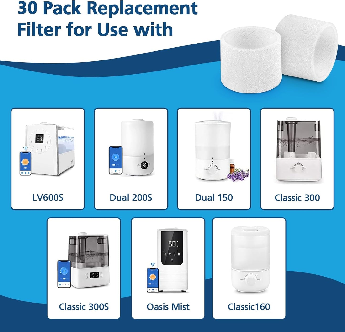 30-Pack Top Fill Humidifier Replacement Filters for LEVOIT Classic160, Dual150, Dual200S, Classic300(S), LV600S, OasisMist450S, Superior 6000S Humidifiers