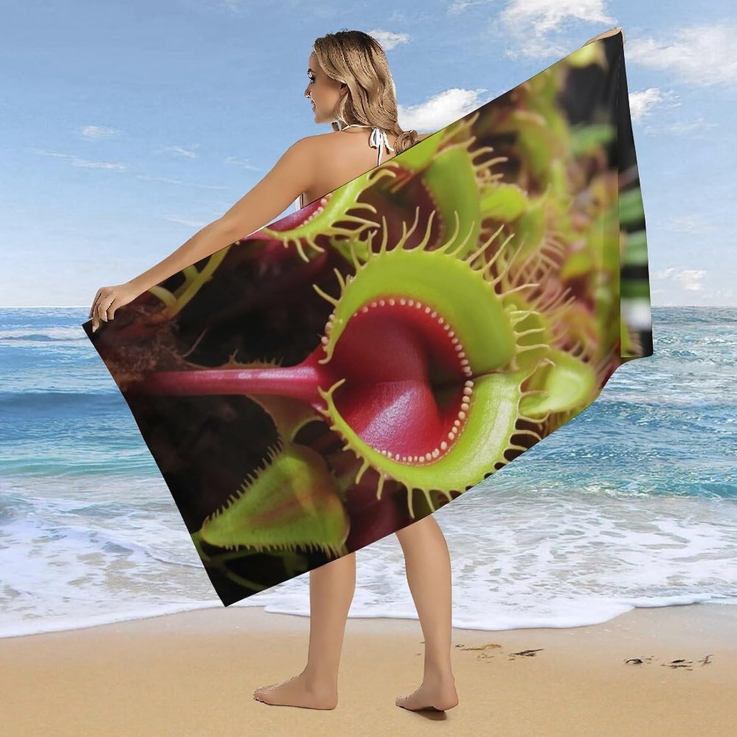 Oversized Beach Towel 63x32 Inch Sand Resistant Thin Microfiber Carnivorous Plant Bath Towels for Body Absorbent Quick Dry Lightweight Travel Towel for Pool Yoga Swim Camping Adults Gift