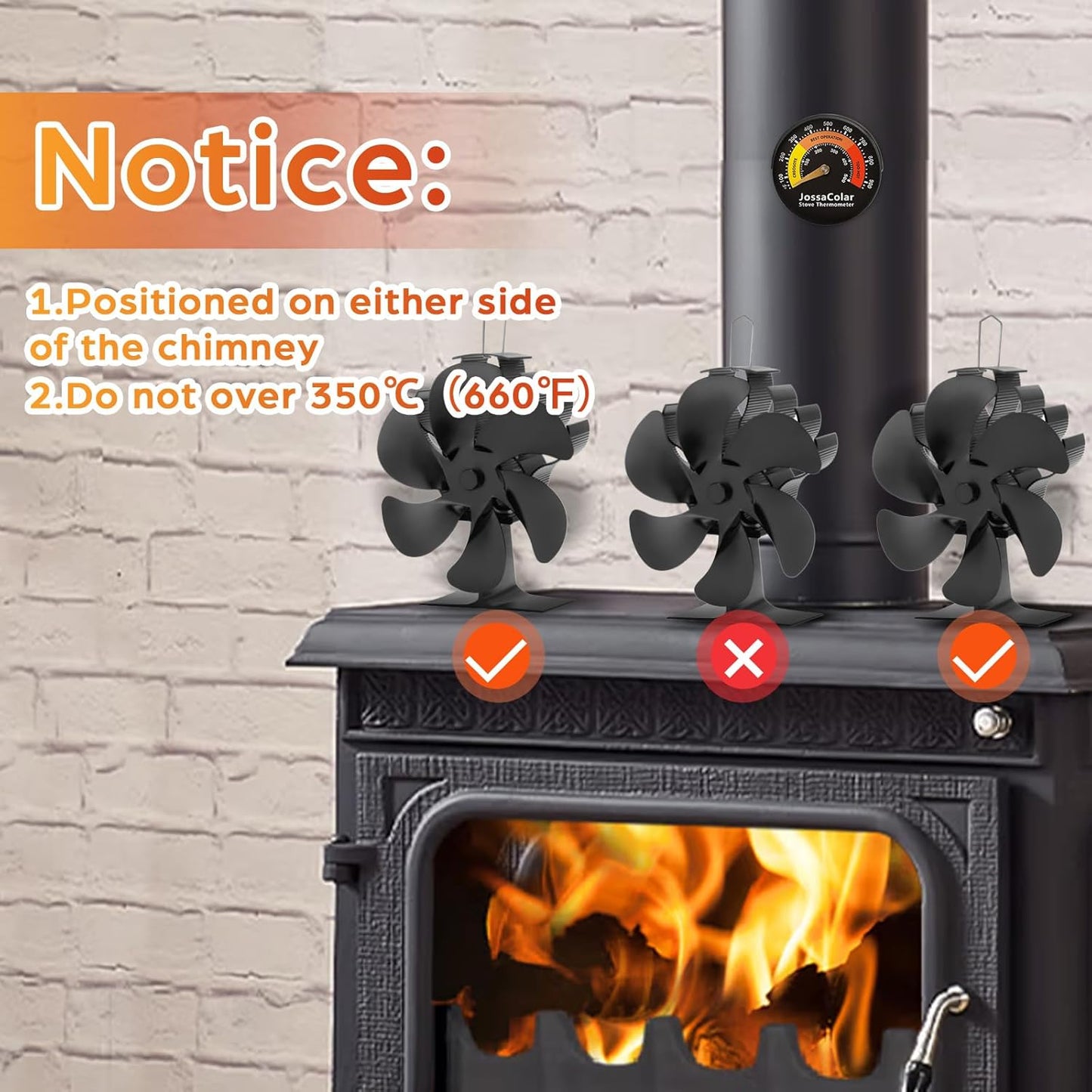 Wood Stove Fan Heat Powered Fireplace Fan Non Electric, Thermal Fan for Wood Burning Stove//Log Burner, w/Stove Accessories Thermometer