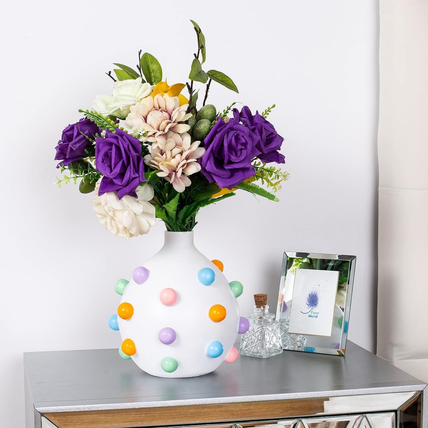 GUTE Bubble Multicolor Vase Detailed White Ceramic Planter, 9.25" Flower Plant Vase, Carved Pomponette Pastel Colors Classic - Plant Pot Colorful Round Bubble Detail for House