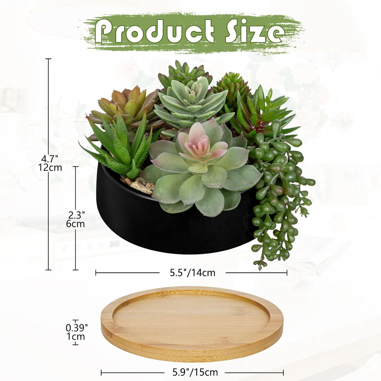 Artificial Succulent Plants in Pot 5.5 Inch Fake Succulents Arrangement Potted Plant in Black Ceramic Planter Bowl with Wood Saucer for Home Office Desk Shelf Living Room Bedroom Bathroom Decor
