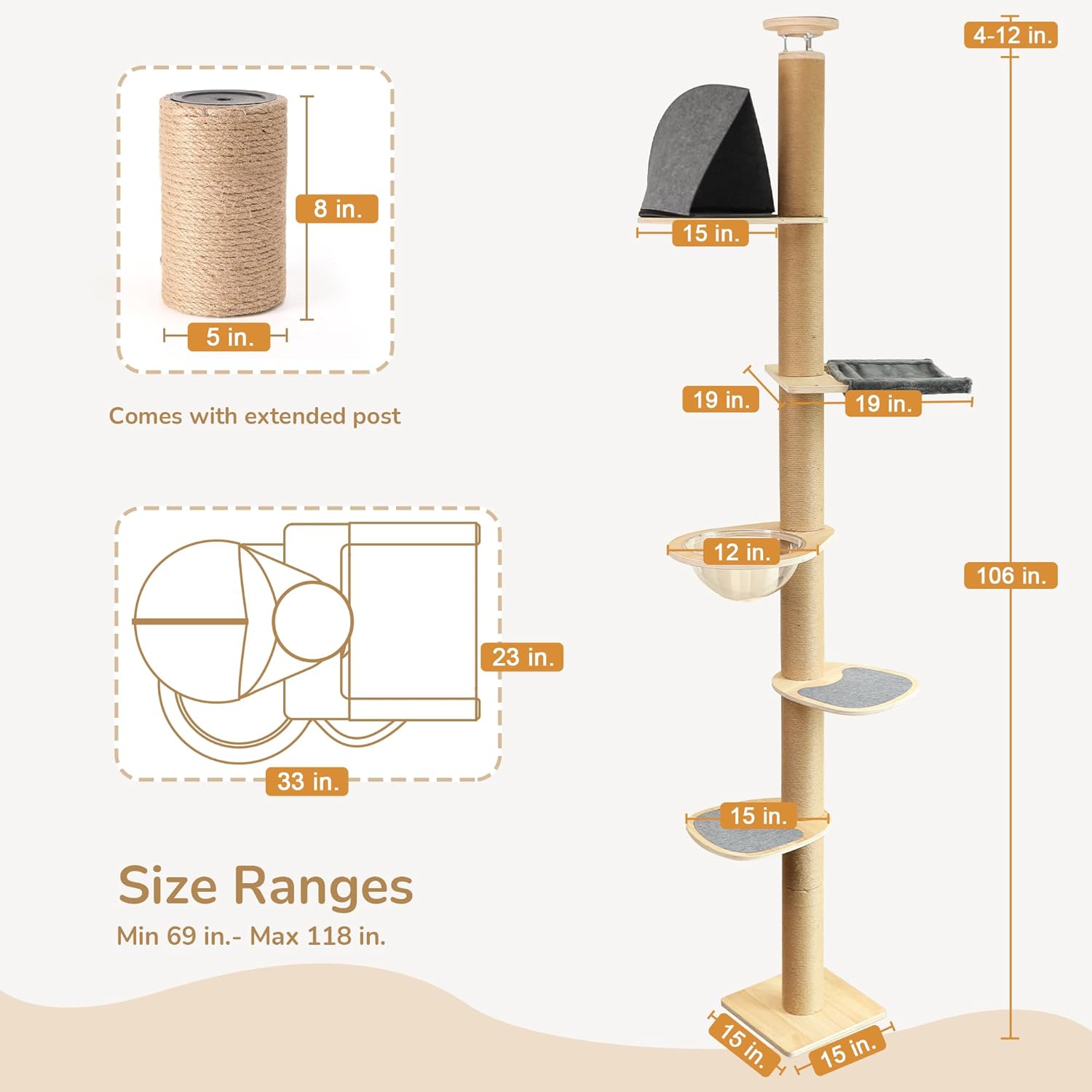 FUKUMARU Floor to Ceiling Cat Tree, 6 Level Adjustable Height (5.7-9.8