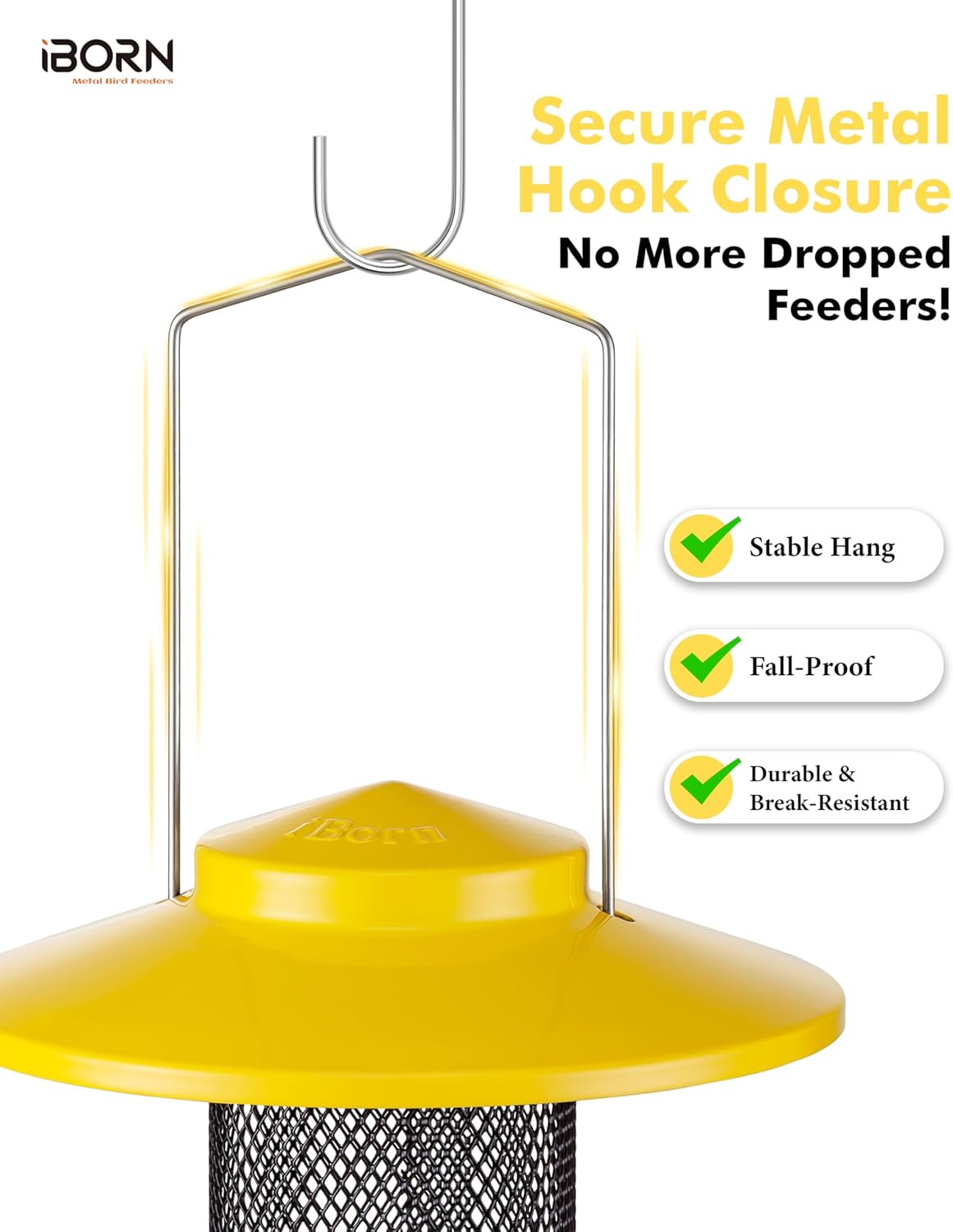 iBorn Finch Feeders for Outside,Thistle Bird Feeders for Outdoors Hanging,Nyjer Seed Feeder,Metal Mesh Tube Bird Feeder 13.5 Inch with 17cm Weatherproof Large Roof and Tray,2 LB Capacity,Yellow