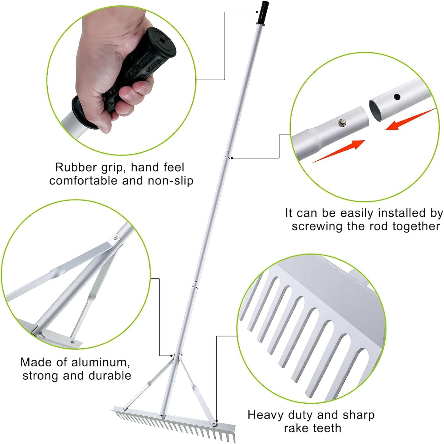 24 Inch Aluminum Landscape Rake, Garden Rake, Heavy Duty Rakes for Law