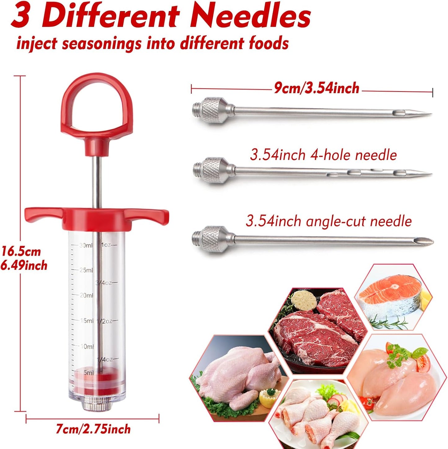 Meat Injector, 1-oz Plastic BBQ Marinade Injector Kit, Turkey Injector Syringe (3 Stainless Steel Meat Needles +3 Replacement O Rings + 1 Cleaning Brush) for Turkey Smoked BBQ Grill