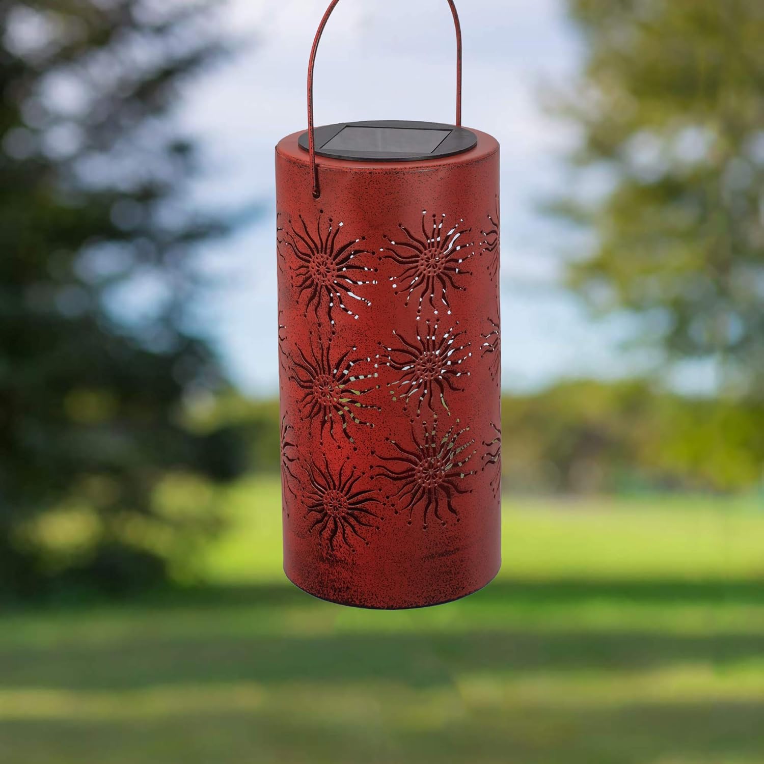 Sunset Vista Designs Moroccan Sun Outdoor Solar Garden Lantern, Red, 9