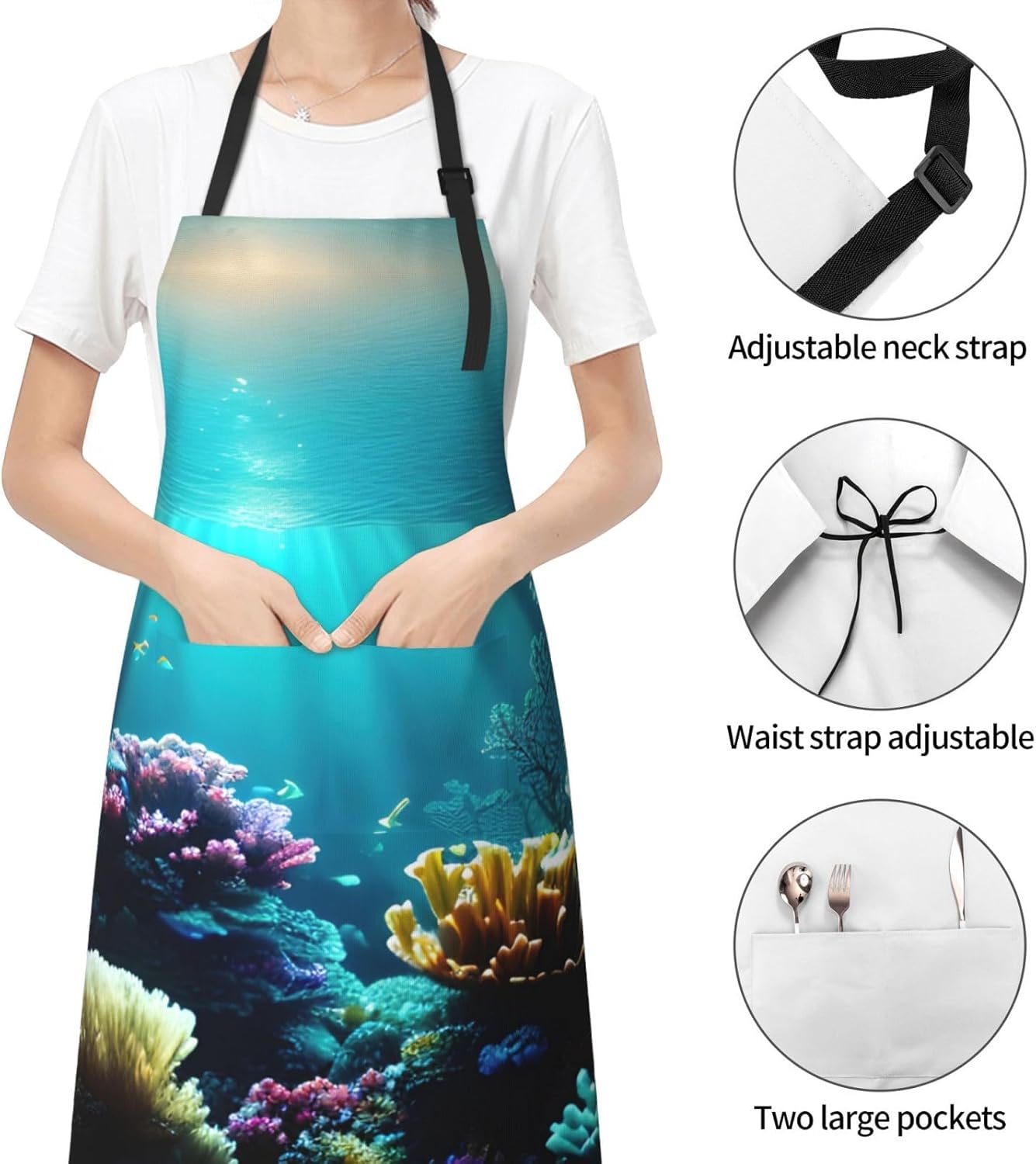 Underwater Scenery print Waterproof apron with pocket adjustable cooking apron for adult kitchen bibs to bake