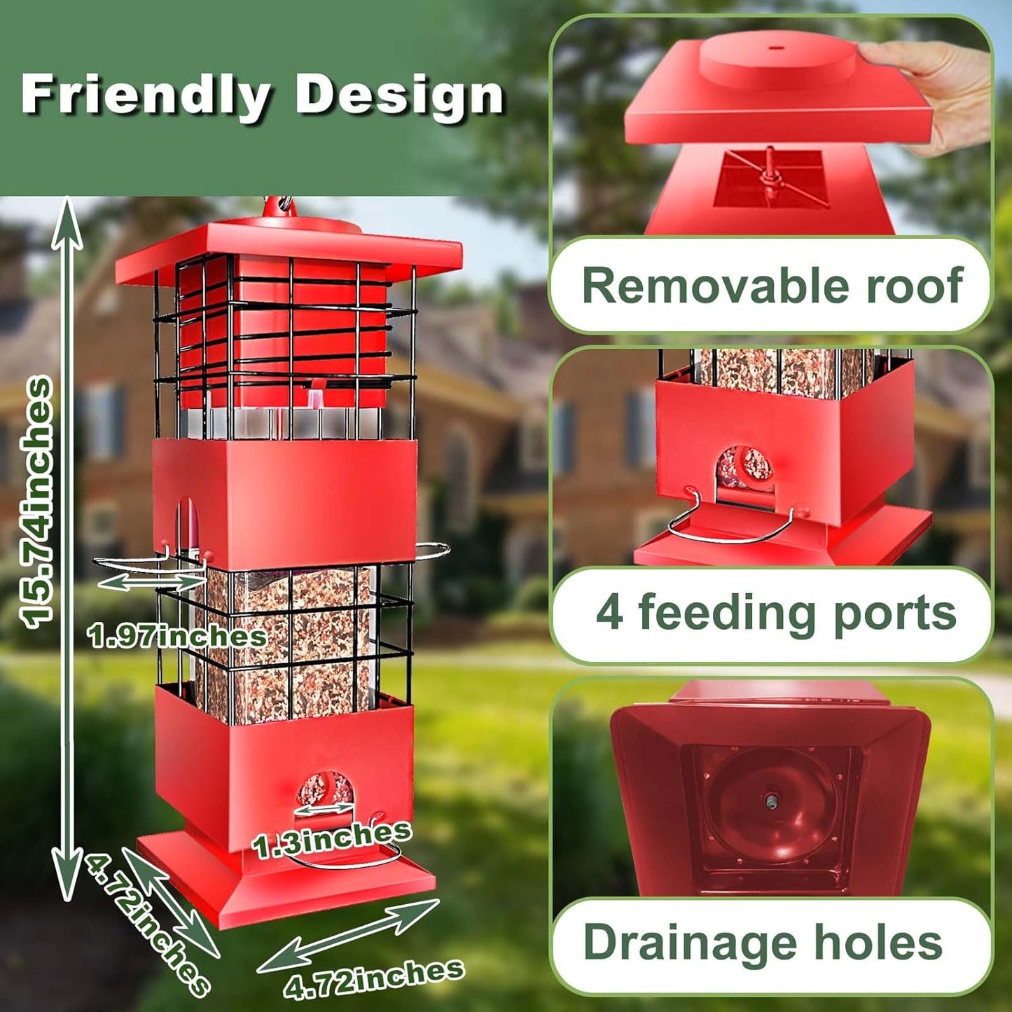 Squirrel Proof Bird Feeder,3Lbs Bird Feeders for Outdoors Hanging, Metal Birds Feeder with 4 Feeding Ports, Wild Birds Feeder for Cardinal, Finch, Sparrow (Red)