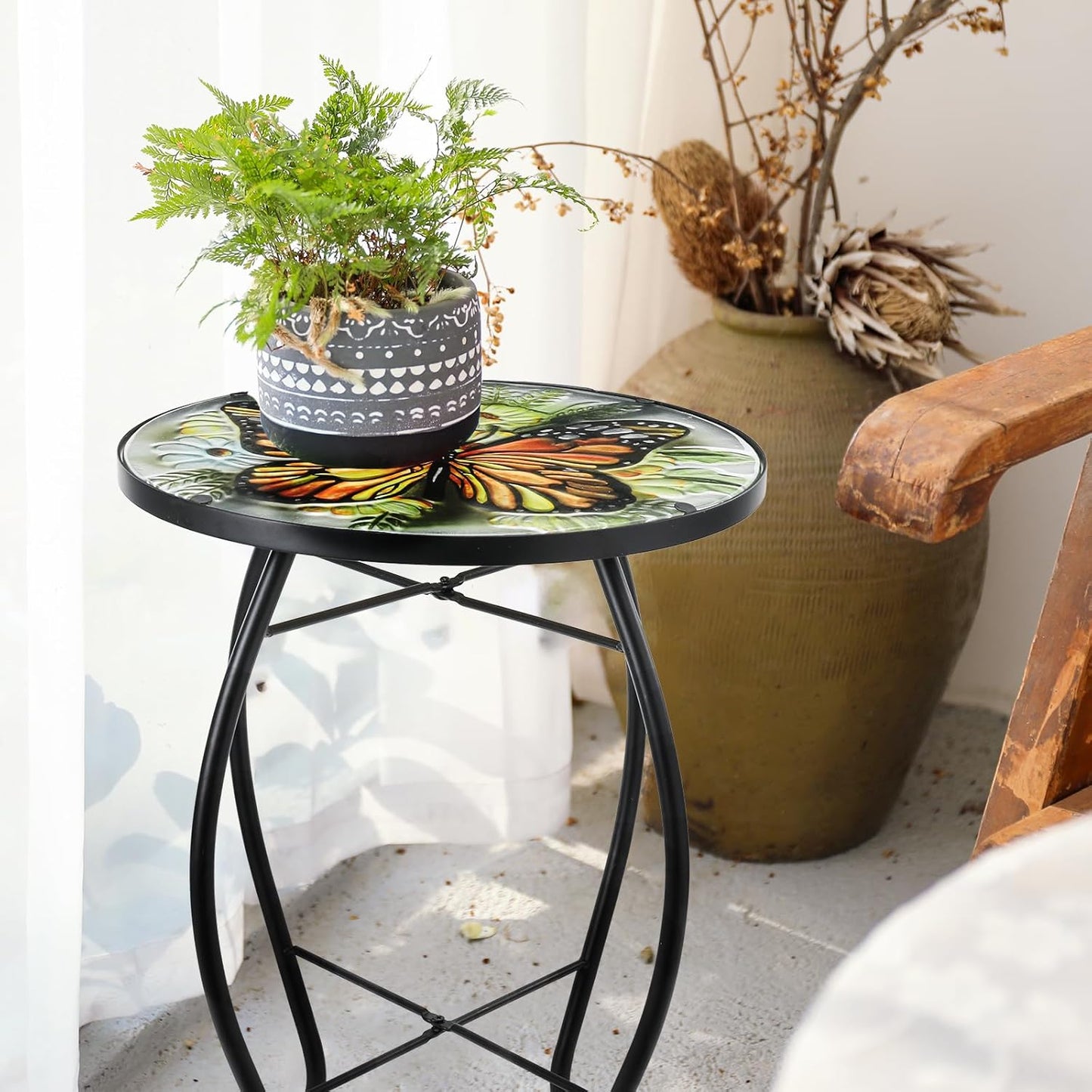 VCUTEKA Patio Side Table Outdoor Accent Table Small Mosaic Table Coffee Table End Table Porch Table Indoor Outdoor Round Glass Balcony Bistro Plant Stands Yellow Butterfly 14 inches
