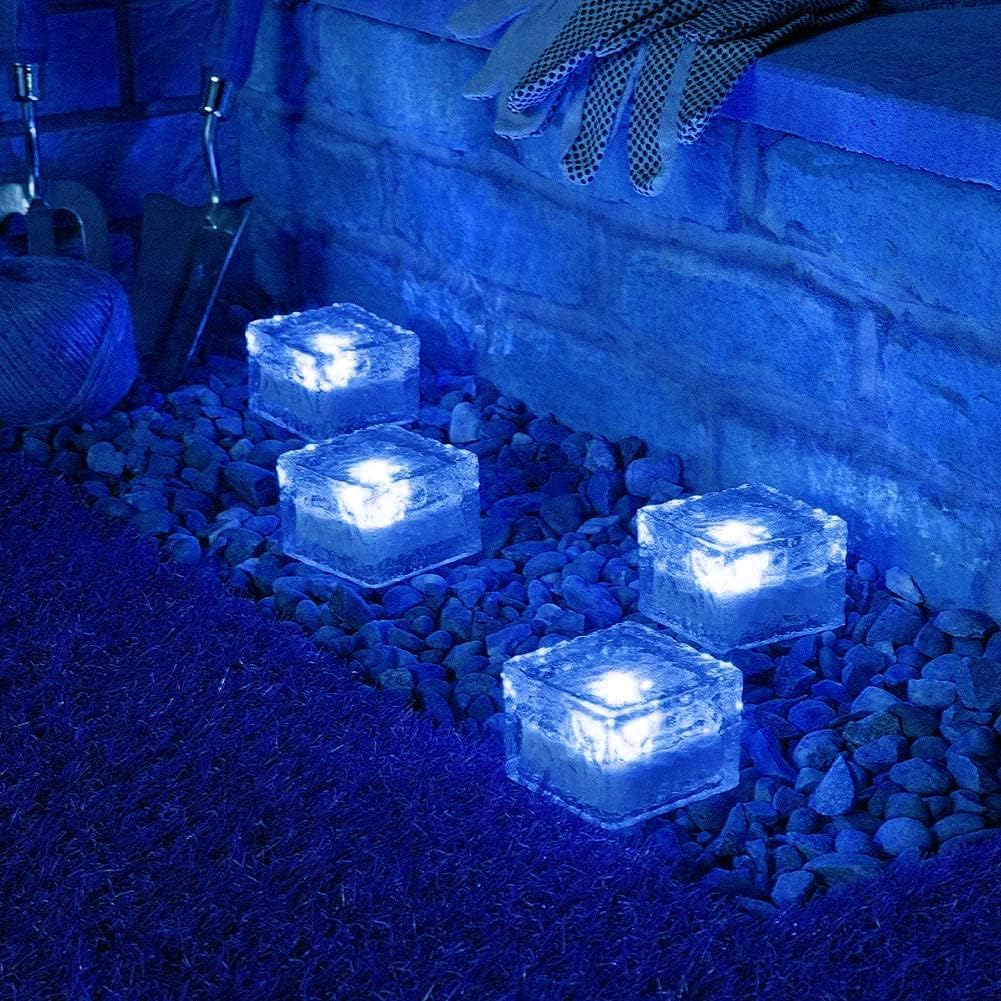 Solar Ice Glass Light,2 Packs Solar Powered Garden Lights, Waterproof IP68 Outdoor Table & Path Lights, Decorative Ice Cube for Yard (Blue)