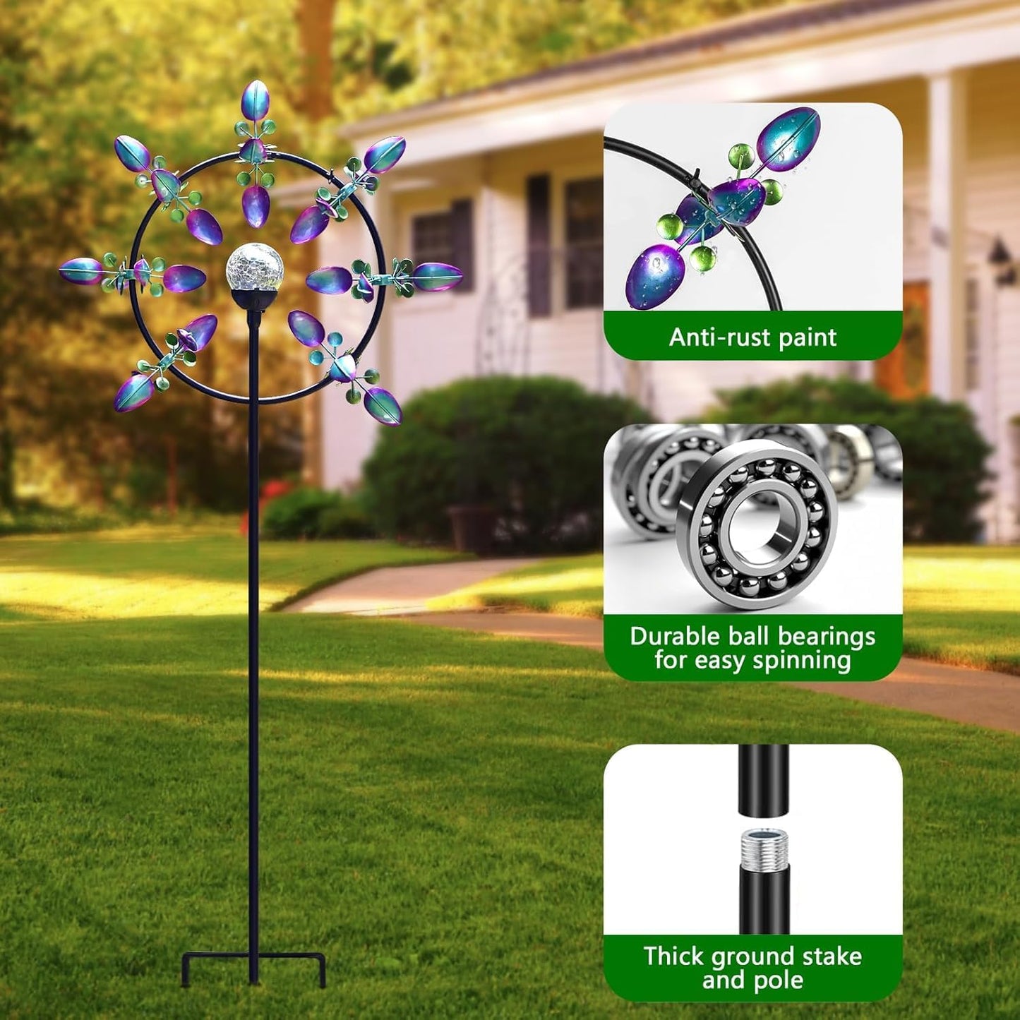 Large Peacock Solar Wind Spinner Outdoor - Metal Kinetic Sculptures wi