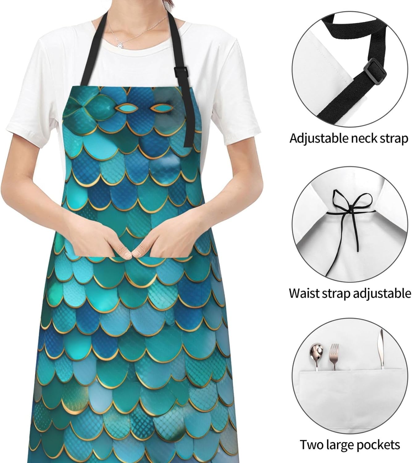 Mermaid Scale print Waterproof chef's apron with pocket apron for kitchen cooking baking barbecue and gardening
