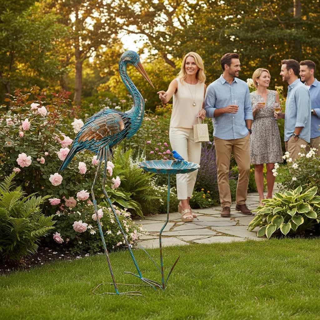 Metal Crane Garden Statue for Outside, Large Heron Outdoor Statues with Leaf Tray, Elegant Crane Yard Art Garden Decor for Garden Yard, Porch(39.37 Tall)