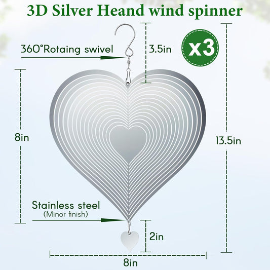 3 Pcs Heart Wind Spinner, 8 In Bird Deterrents for Outside, 3D Metal Wind Spinners for Deterrent to Scare Birds Away from Yard Patio Farm,Stainless Steel Reflective Winds Spinners Outdoor Garden Decor