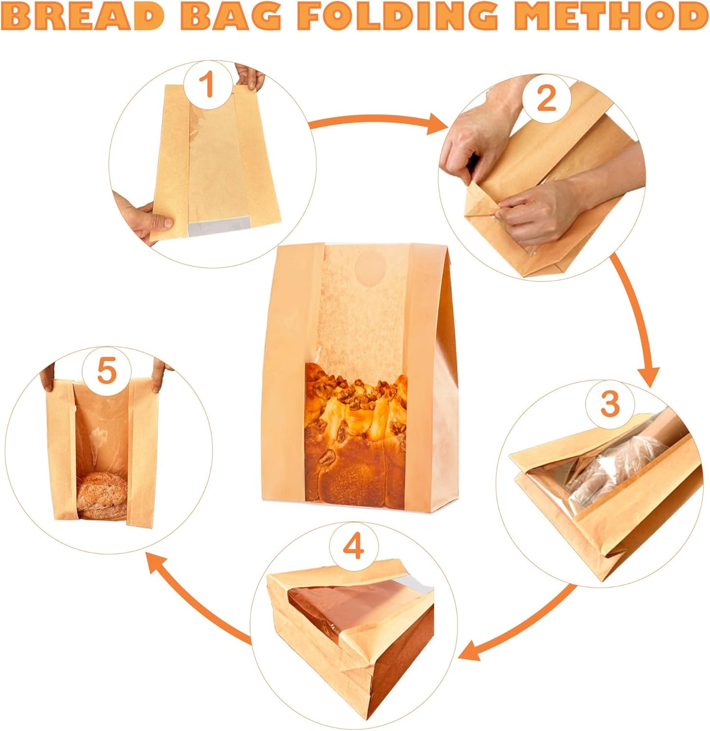 60pcs Paper Bread Bags for Homemade Bread, Sourdough Bags with Window, 13.7 x 8.3 x 3.5 Inch Large Brown Kraft Bakery Bag for Storing Loaves & Snacks, Includes 70 Sealing Stickers
