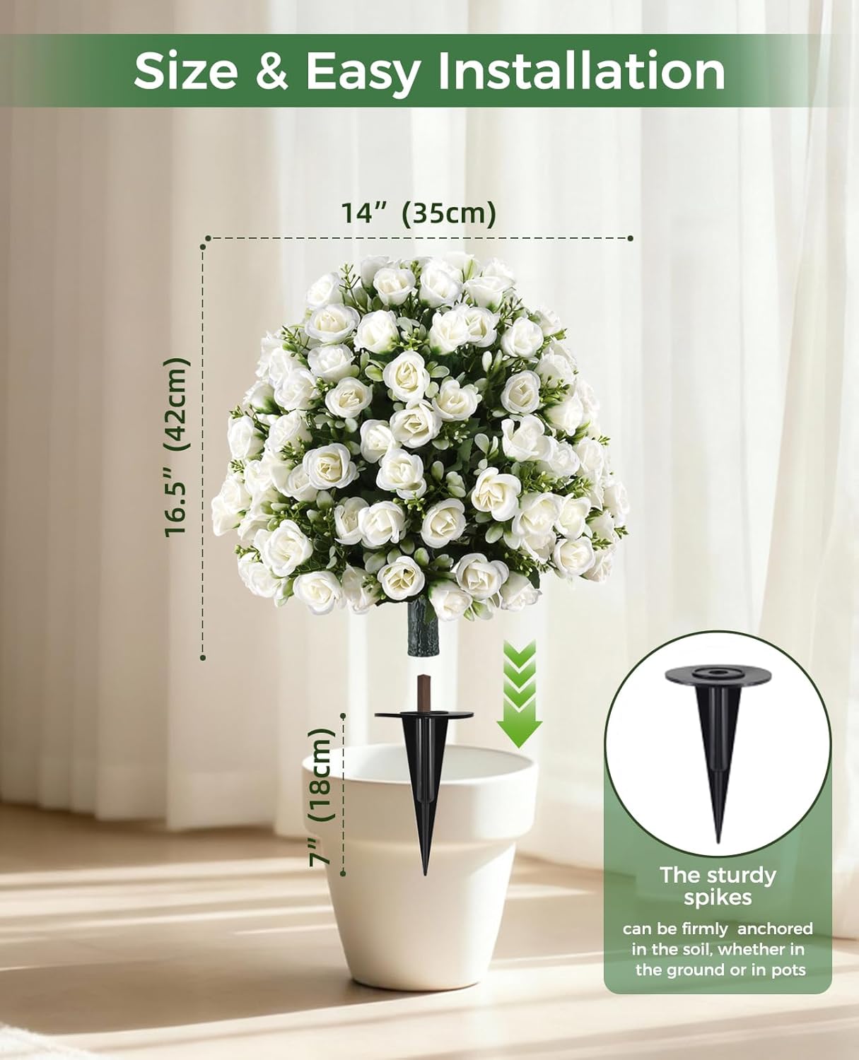 24’’ White Rose Topiary Ball Tree, Faux Plants Outdoor Rose Bush, Fake Evergreen Potted Plants Artificial Decor for Garden, Front Porch, Living Room, Balcony Decor, Set of 2