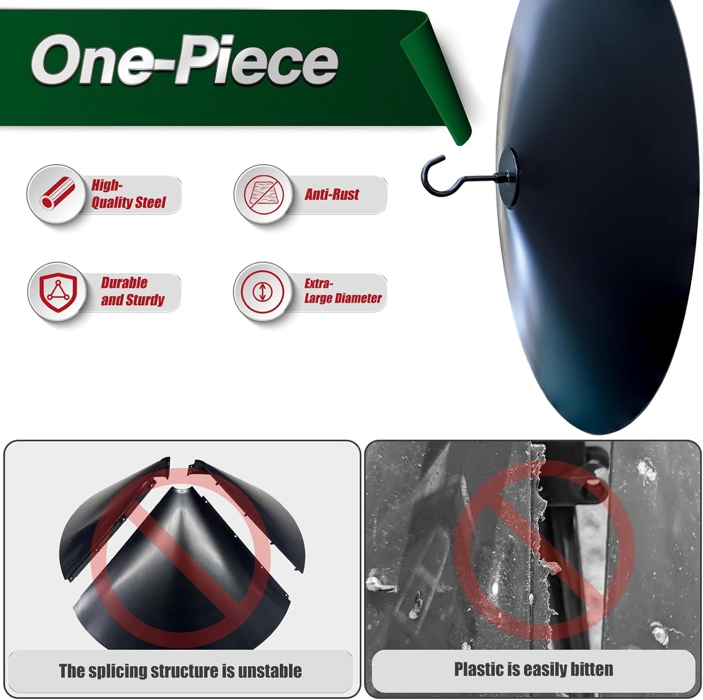 One-Piece 17" Metal Squirrel Baffle - Solid Steel Guard for Bird Feeder Poles & Hanging Feeders | Chew-Proof, No Assembly | 2 Installation Options-Black