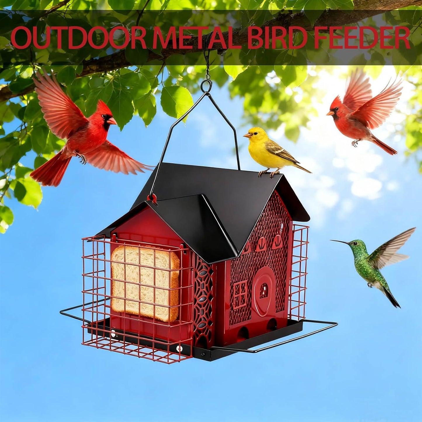 Outdoor Hanging Bird Feeder Large Capacity Durable and Sturdy Decorative Metal Bird Feeder Green and Black Two-Tone Waterproof Design with Sloped Tray Easy-Fill Wild Bird House (Red)