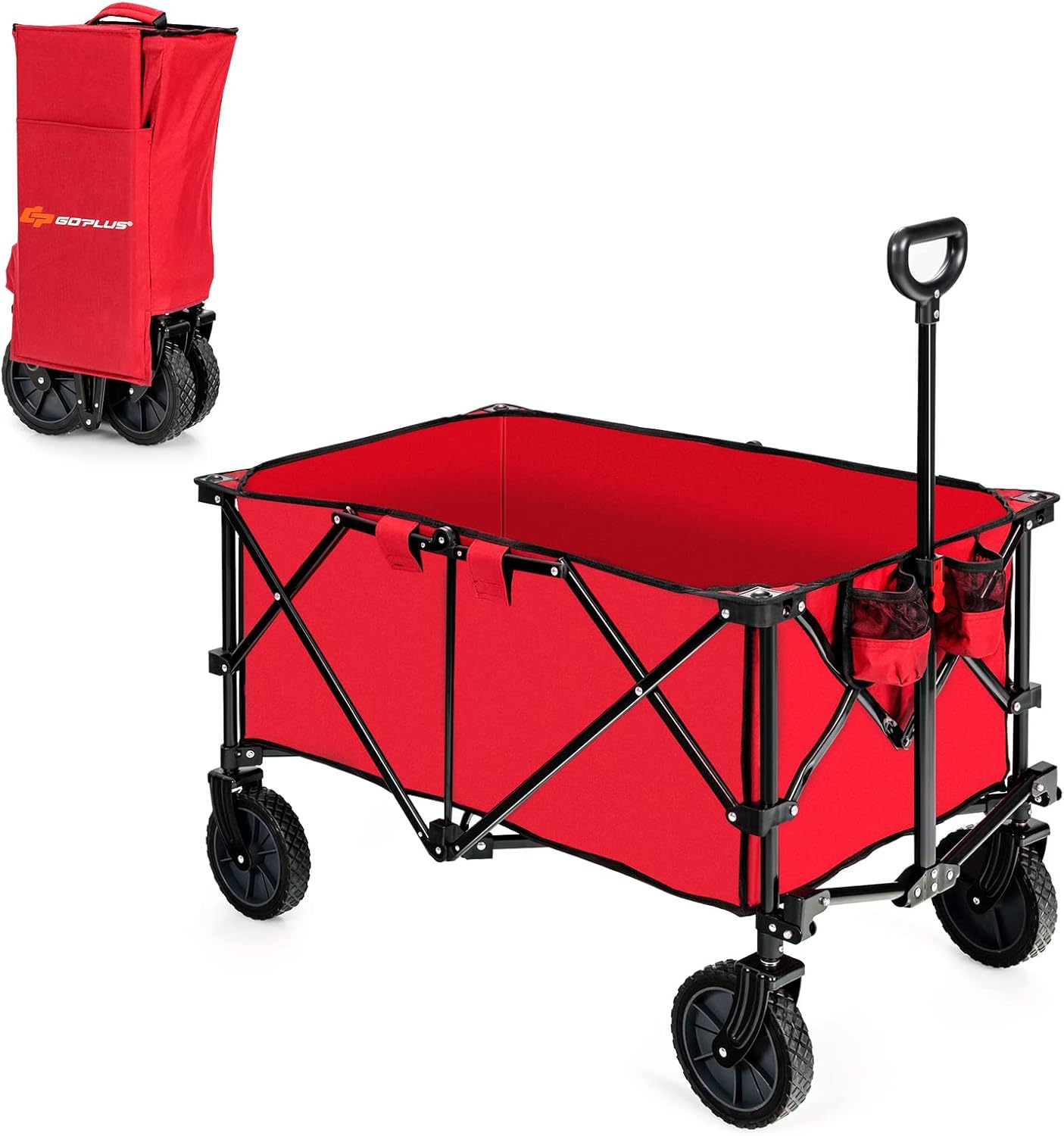 S AFSTAR Folding Wagon Cart, Collapsible Garden Wagon w/Adjustable Handle & Universal Wheels, Heavy Duty Folding Utility Cart for Agricultural Material Toy Grocery, Load Capacity up to 180Lbs (Red)