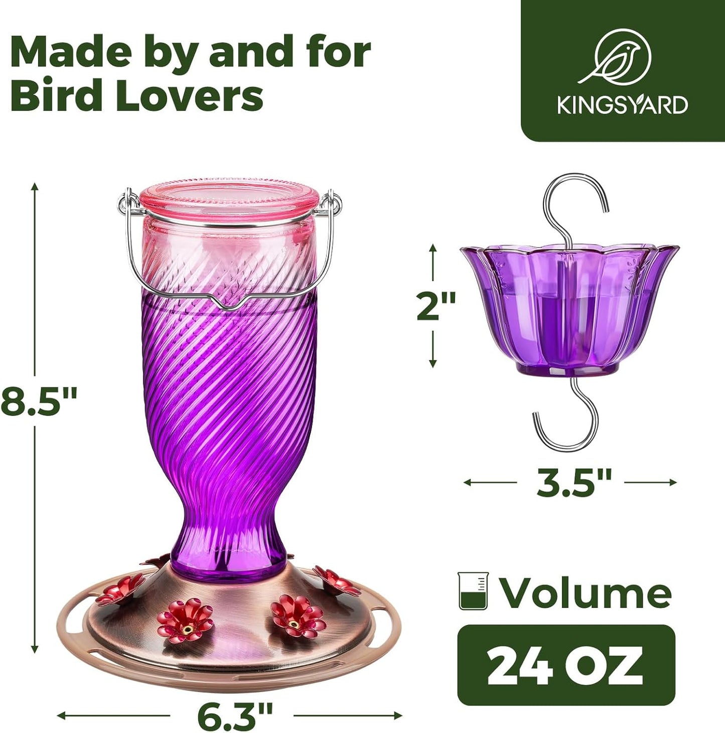 Kingsyard Glass Hummingbird Feeders for Outdoors, 24 oz Hummingbird Nectar Feeder for Outdoors Garden Yard D�cor, 6 Feeding Ports, Ant Moat Included, Easy to Clean & Refill, Purple