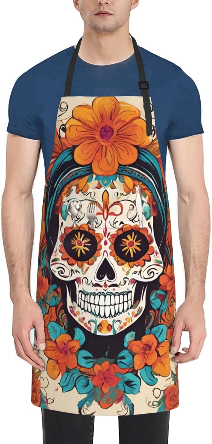 YANYU Floral Skull Print 28x33 In Kitchen Apron Stylish Chef Apron wit
