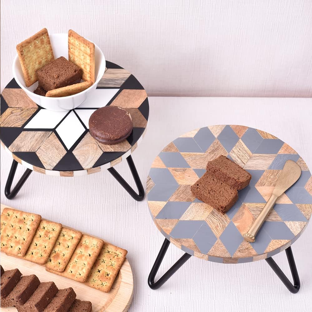 Indian Shelf Wooden Cake Stand | Wood Plant Stand Outdoor | Floral Reusable Fruit Dessert Cheese Serving Stand [Brown and Grey, 2 Pack]