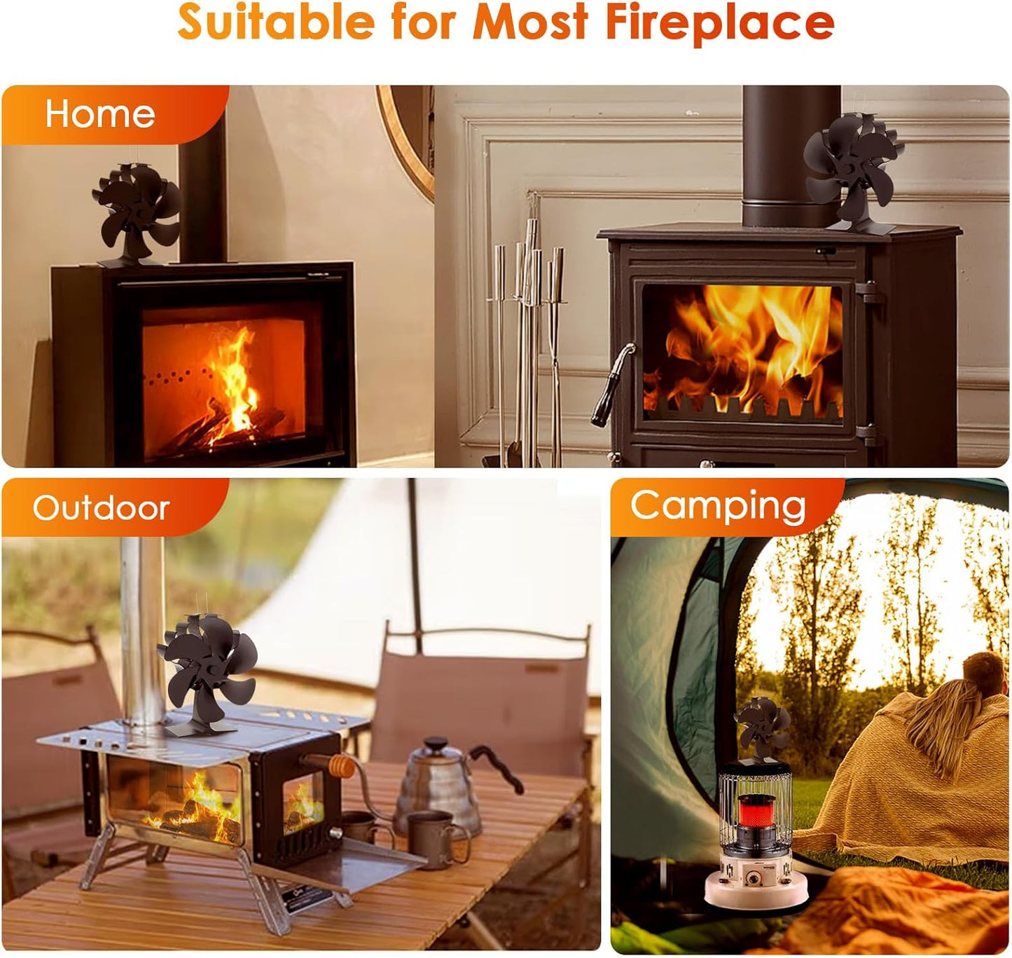 Wood Stove Fan Heat Powered Fireplace Fan Non Electric, Thermal Fan for Wood Burning Stove//Log Burner, w/Stove Accessories Thermometer