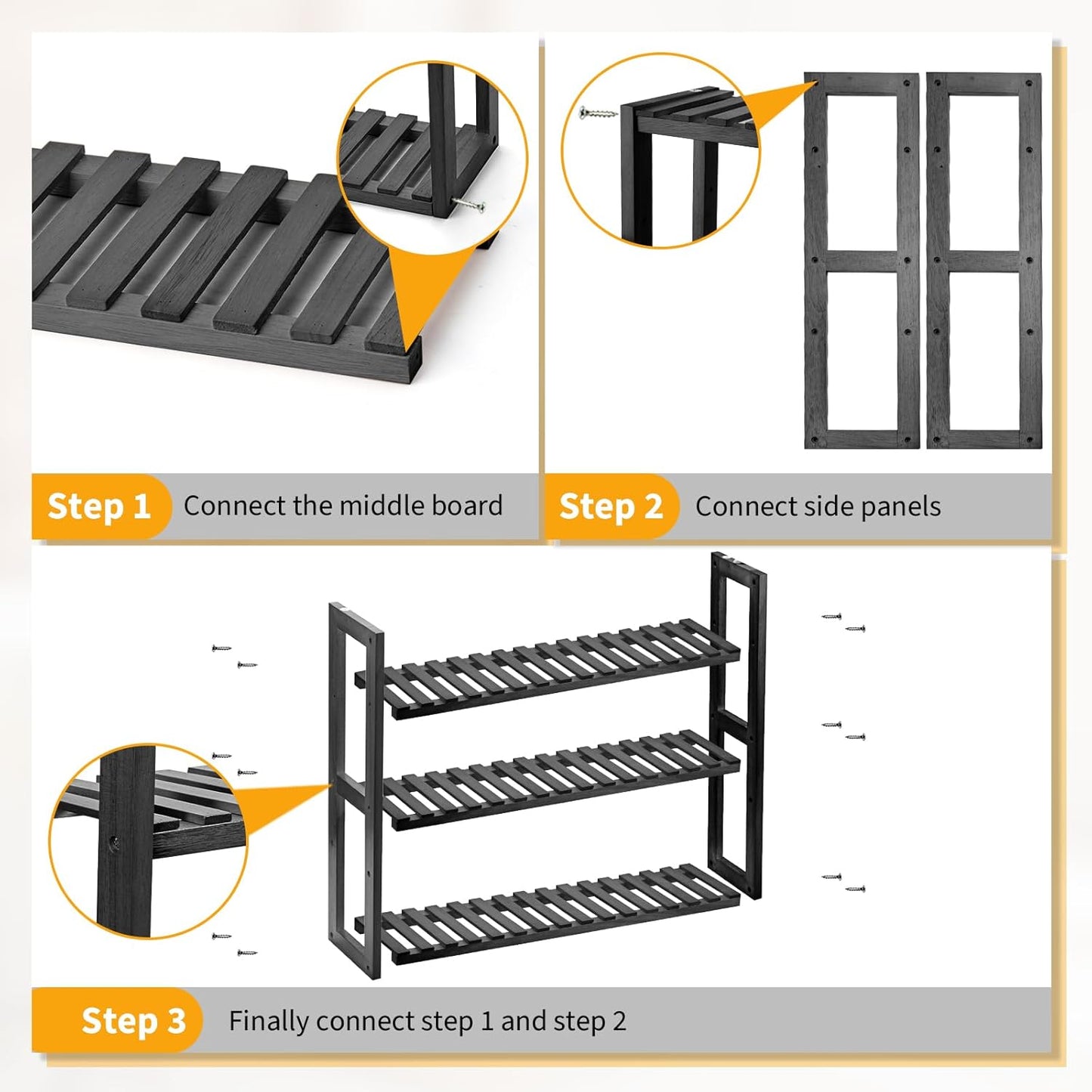 Wood Bathroom Shelf, 3-Tier Adjustable Shoes Rack&Plants Rack, Wall-Mounted or Stand for Living Room (Black)