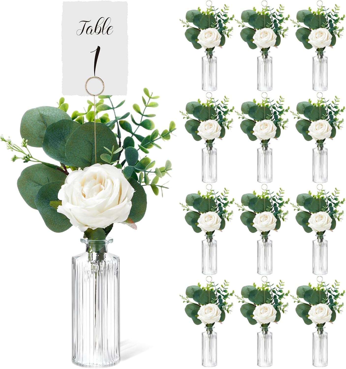 12 Set Artificial Flowers with Vases and Table Number Holder 72 Pcs Glass Bud Vases, Fake Plants and Card Holder Picks Flower Table Centerpieces DIY Set for Wedding Home Dining Party Decor