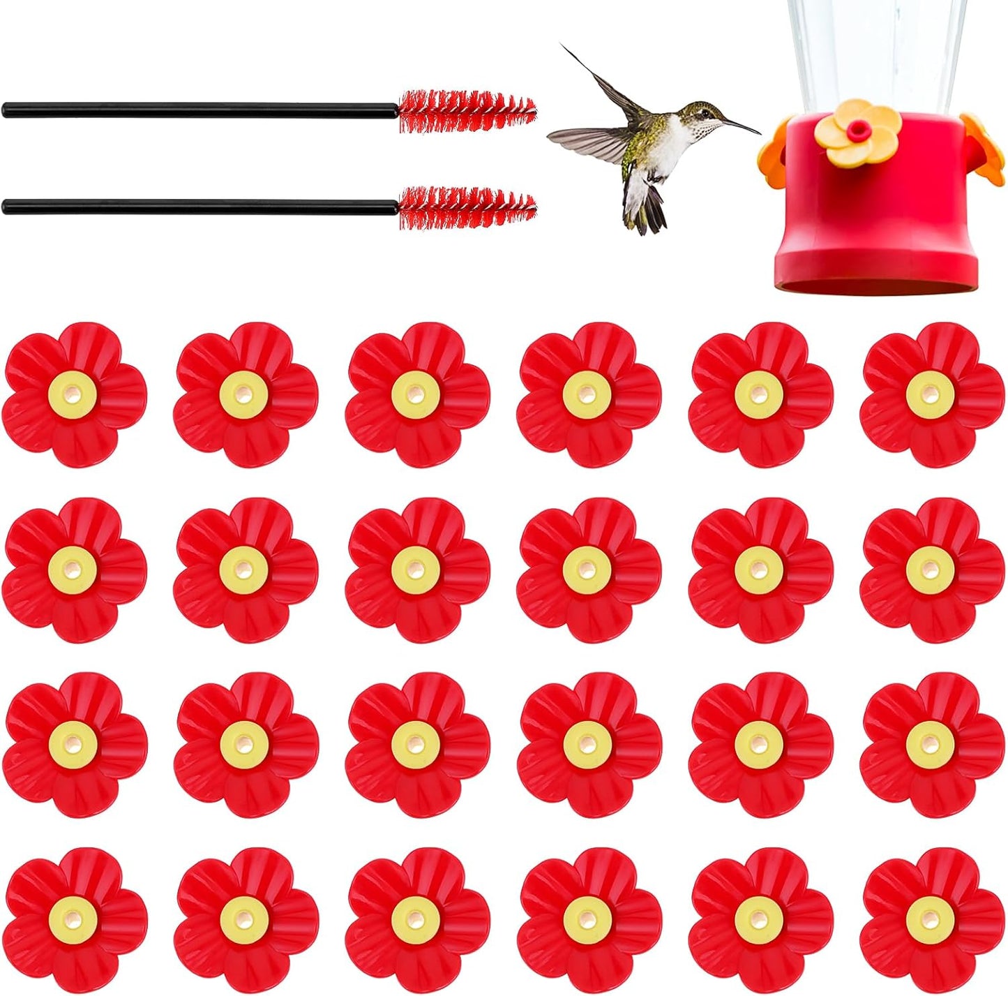 26pcs Hummingbird Feeders Replacement Flowers, Hummingbird Feeder Replacement Flowers with 2 Cleaning Brush, Hummingbird Feeder Parts for Outdoor Hanging Feeders(Red)