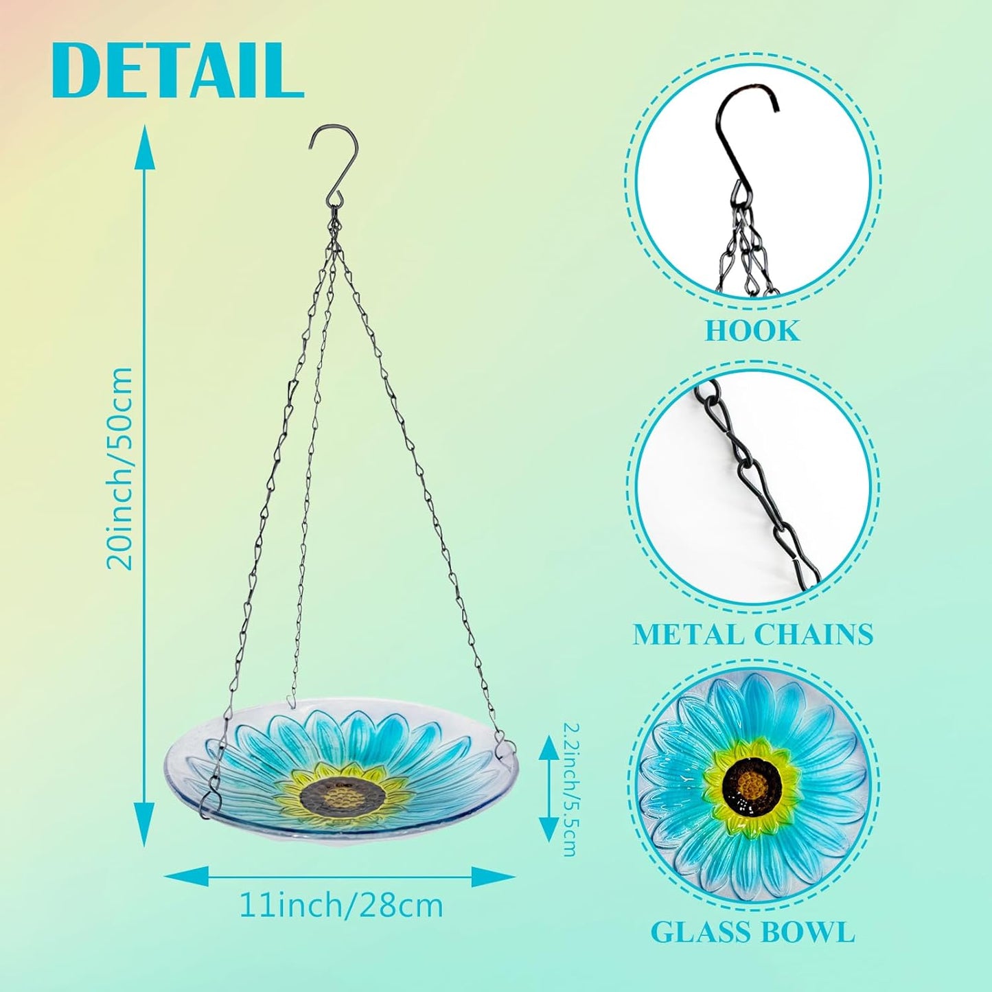Hanging Bird Baths Outdoor Glass Birdbaths Garden Bird Feeder for Yard Lawn Decor Blue Flower