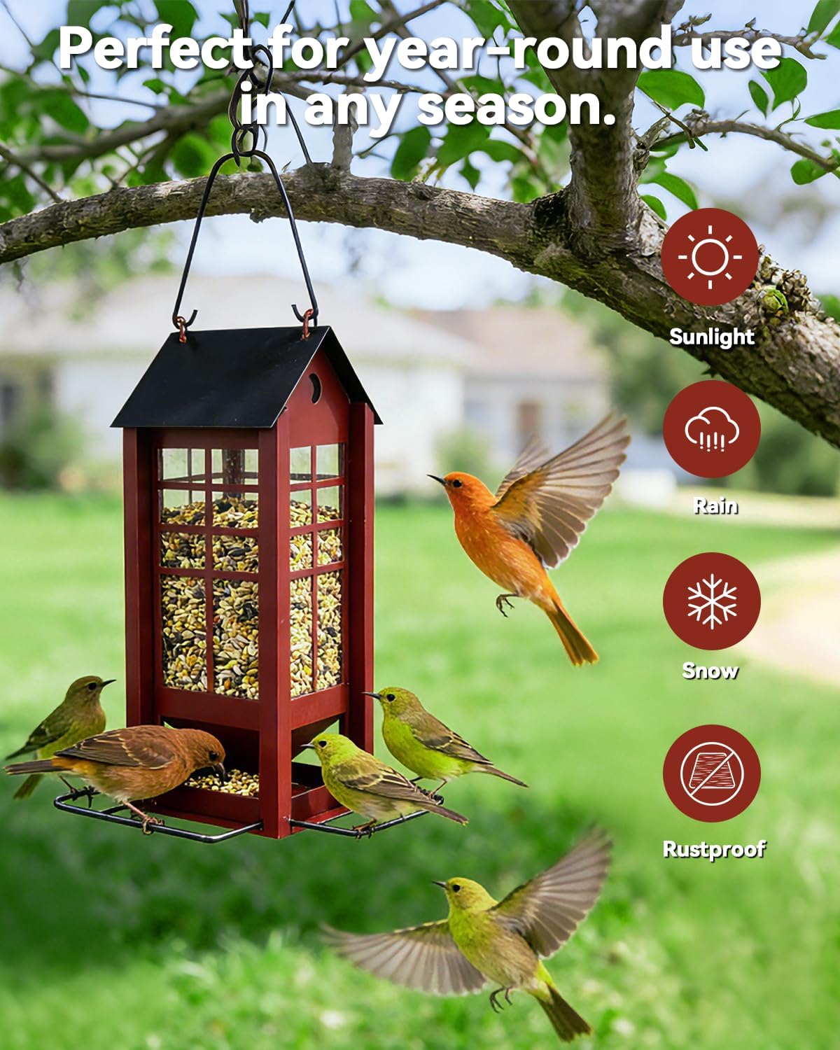 Hanging Bird Feeder for Outdoors, Metal Bird Seed Feeder with Roof, Large Capacity Wild Bird Feeder for Garden Yard Patio, Squirrel Resistant Easy Refill Bird Feeder