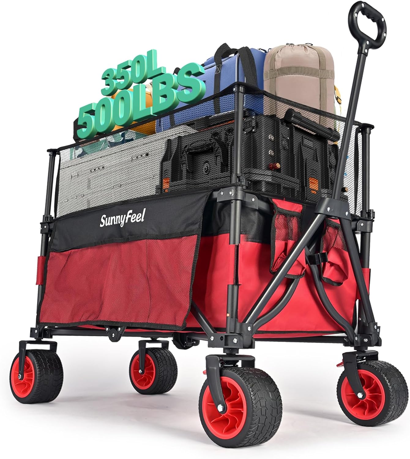 SUNNYFEEL 500 lb Heavy Duty Utility Wagon, Collapsible Outdoor Wagon Cart with Adjustable Handle & Foldable Wheels for Camping, Garden, Shopping (Red, Tall Version)