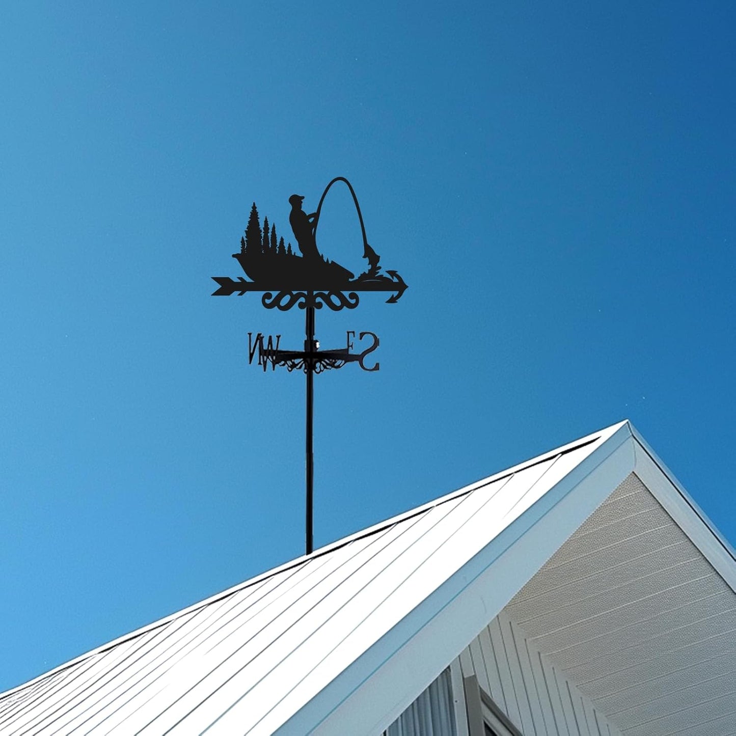 Fishing Weathervane 26” Height Black Metal Fisherman Wind Vane Animal Ornament Garden Stake Weather Vane Fishing Design Windmill Wind Cups & Brackets for Farmhouse Outdoor Yard Decoration