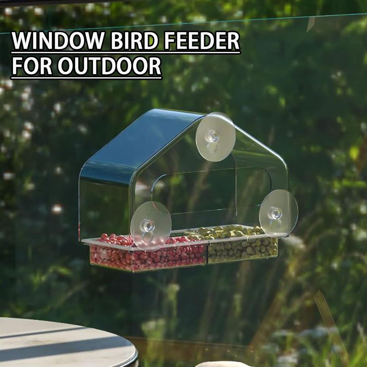 Window Bird Feeder Viewing Box - 10x7 Inches Acrylic Window Bird Feeder with 4 Strong Suction Cups, 3 Compartment Trays, Clear Birdfeeder with Enhanced Grip, Watching Cardinal for Cat