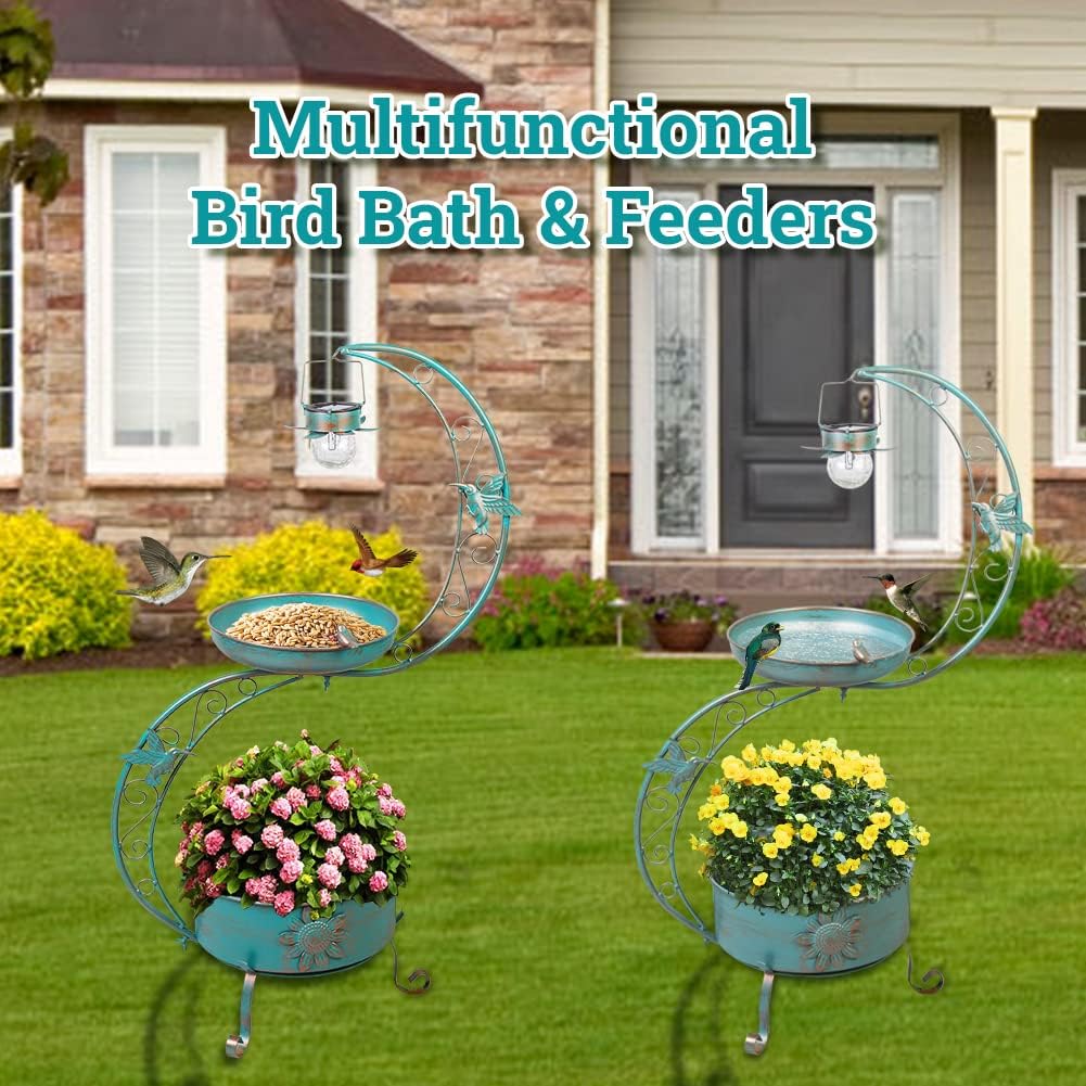 DREAMSOUL Bird Bath with Flower Planter Pedestal, 36" Bird Baths for Outdoors with Solar Lighting Lamp, Vintage Birdbath for Garden Yard Patio Lawn Decor