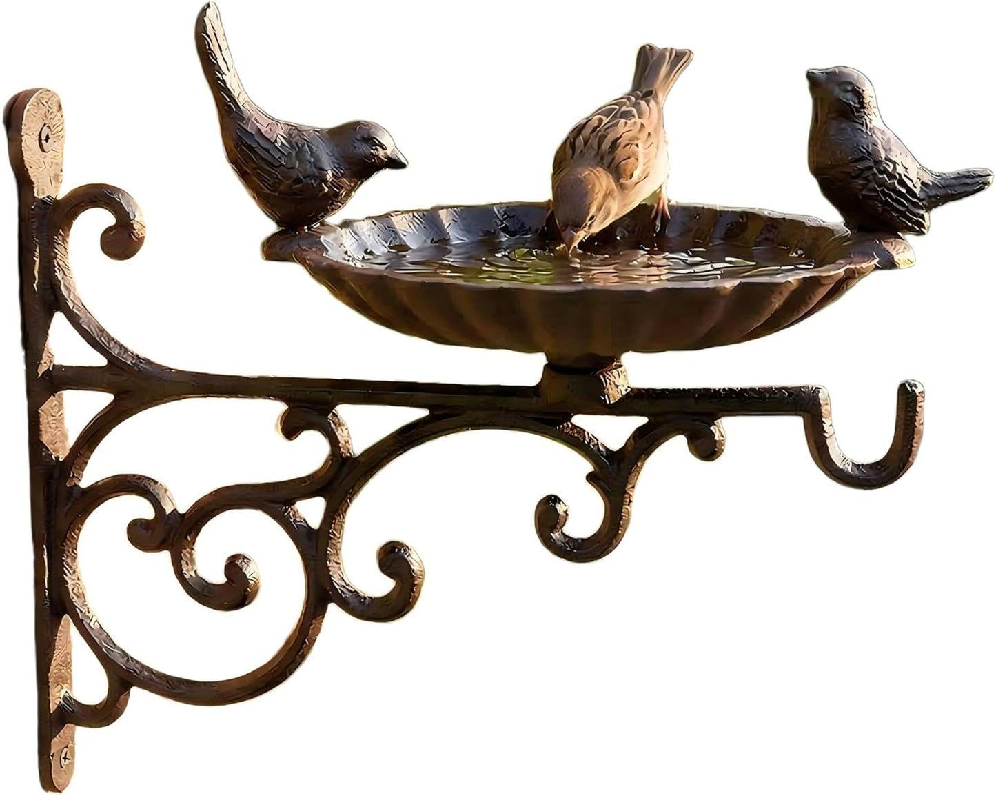 Cast Iron Bird Bath Feeder, Wall Mounted Bird Bath, Black Metal Garden Planter Hanger with Hanging Bracket, Wall Hook for Lanterns, Wind Chimes and More Garden Decorative Items