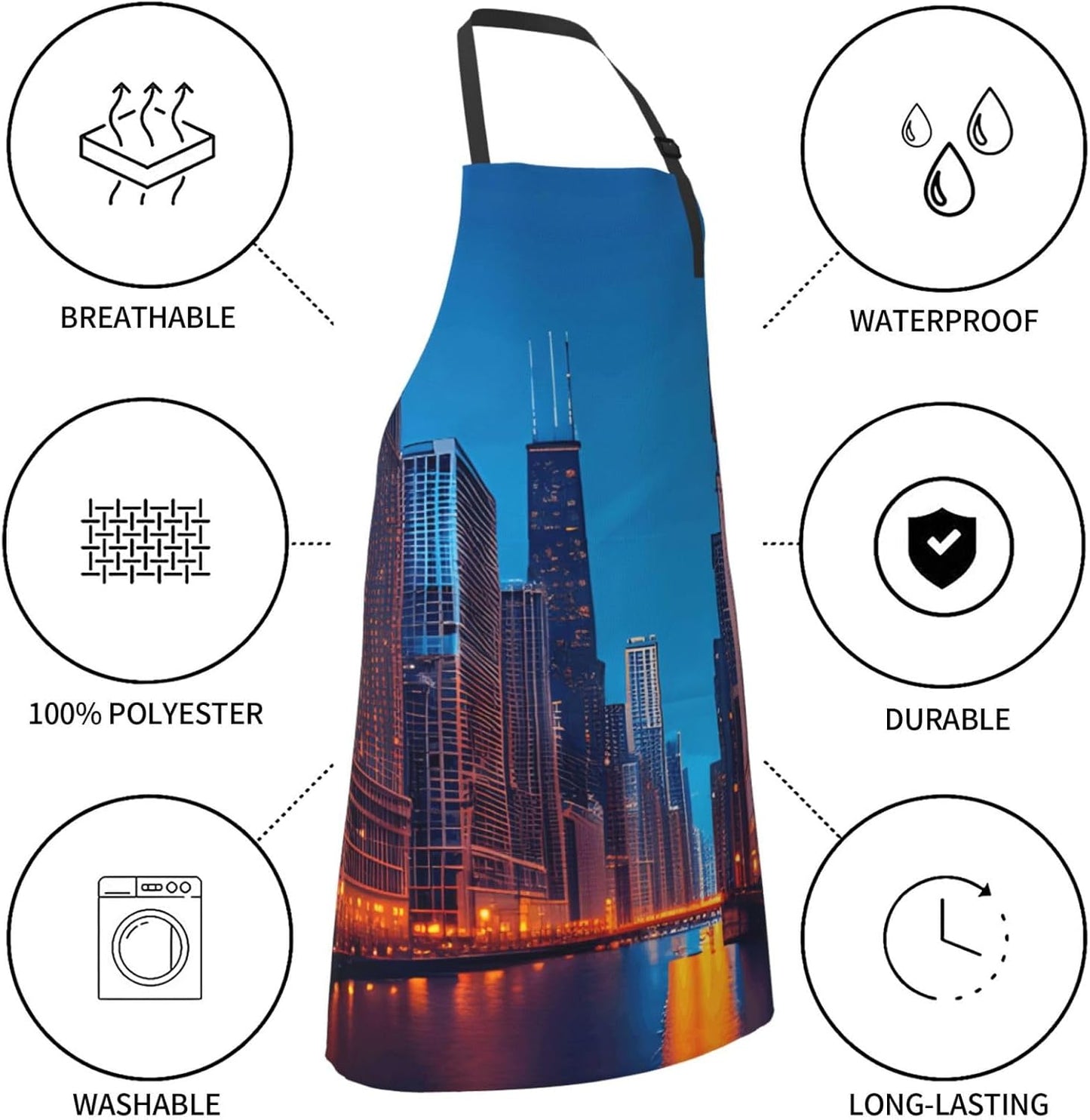 YANYU Chicago Night Print 28x33 In Kitchen Apron Stylish Chef Apron with Pockets for Cooking Baking Painting