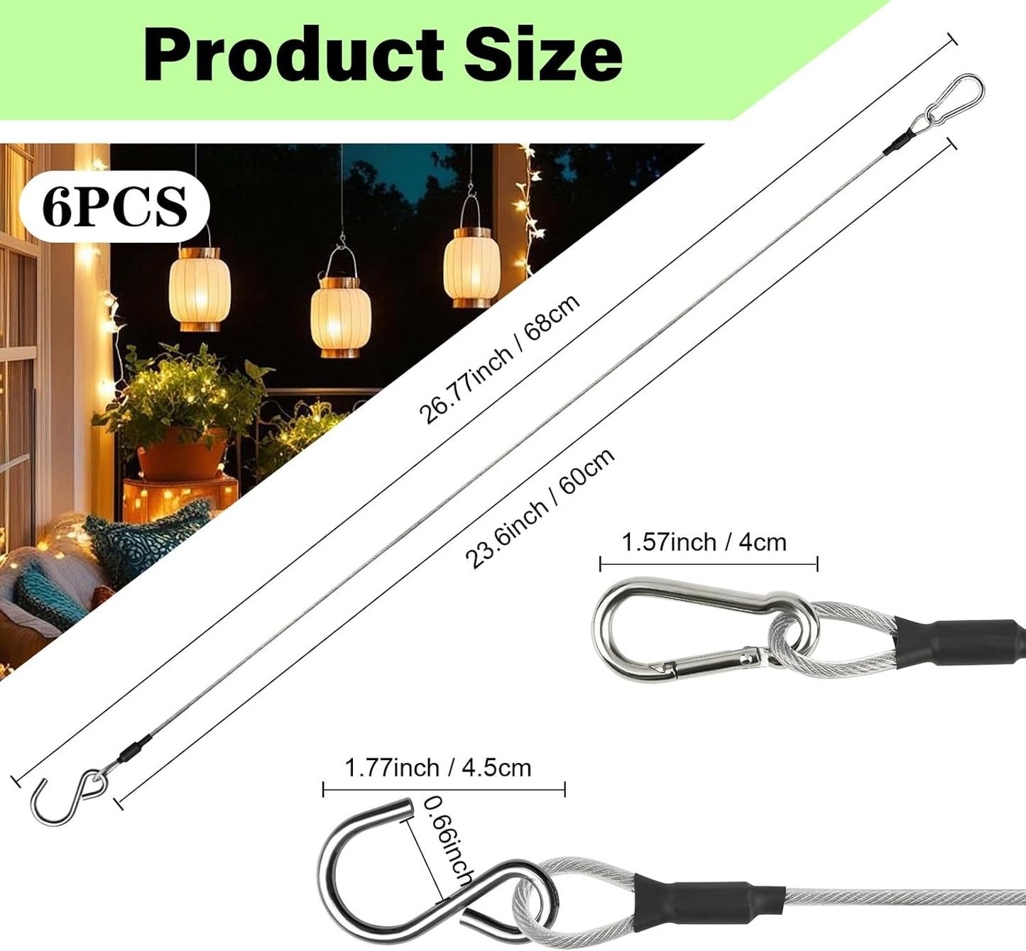 6pcs 23.6in Stainless Steel Hanging Chain Cable with Carabiner Hook & S Hook, Heavy Duty Hanging Chain for Bird Feeders, Planters, Lanterns, Outdoor Yard Christmas Decorations, 88lb Load