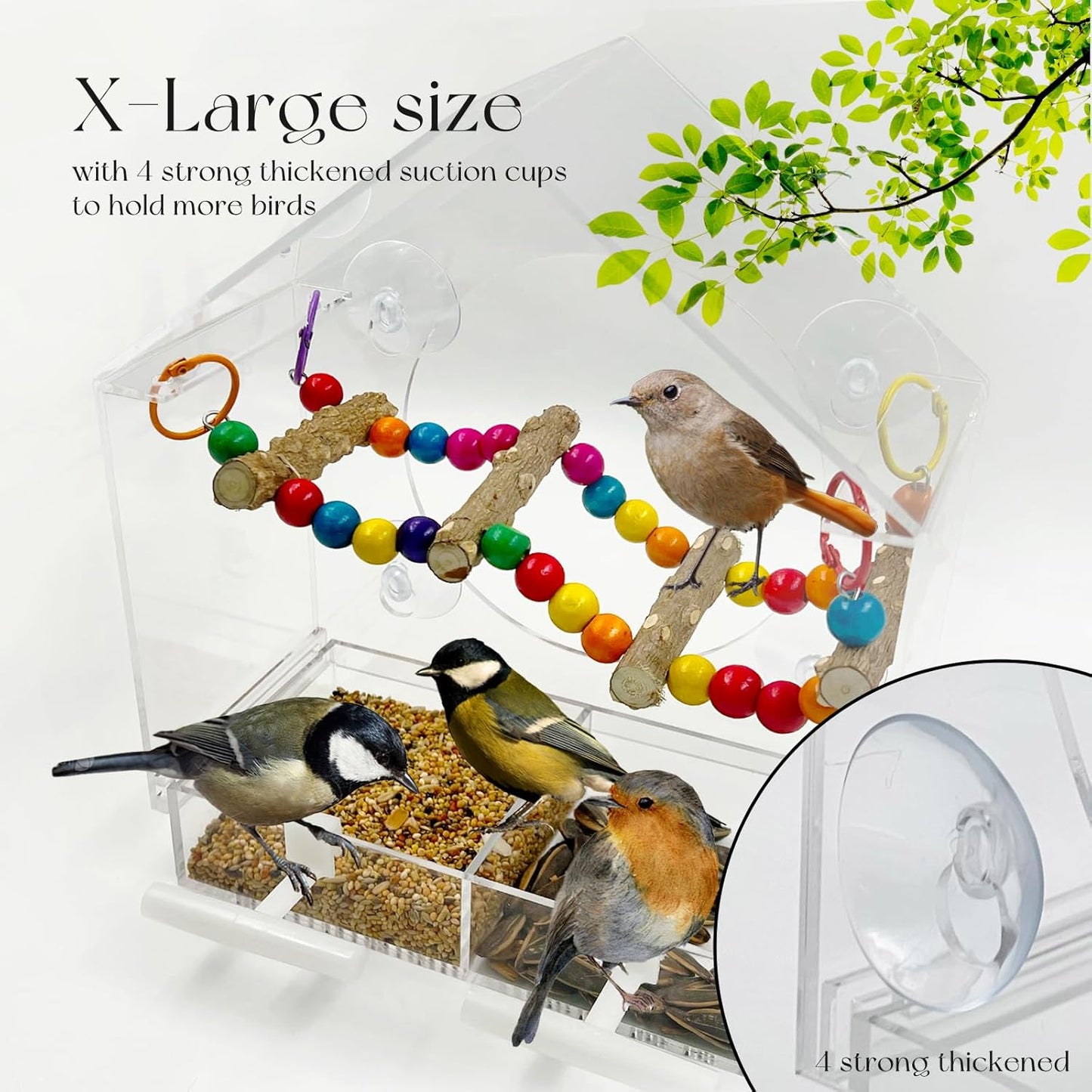 SNAIL GARDEN 9" Large Windows Bird Feeder with Peppered Wood Swing,2PCS Standing Stakes,4PCS Suction Cups,Acrylic Bird Feeder on Window with Removable Seed Tray(9×8.6×3.9in)
