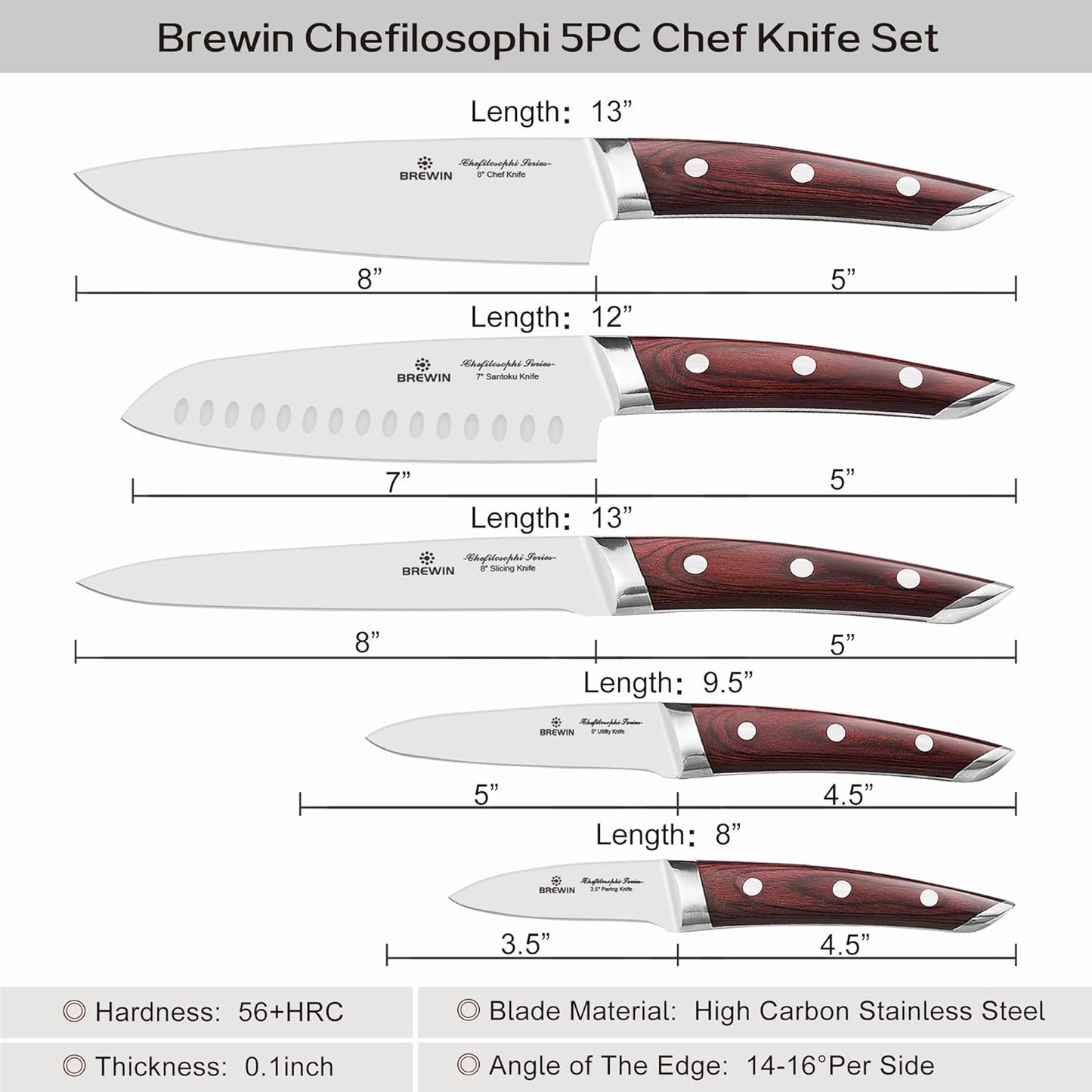 Brewin CHEFILOSOPHI Japanese Chef Knife Set 5 PCS with Elegant Red Pak