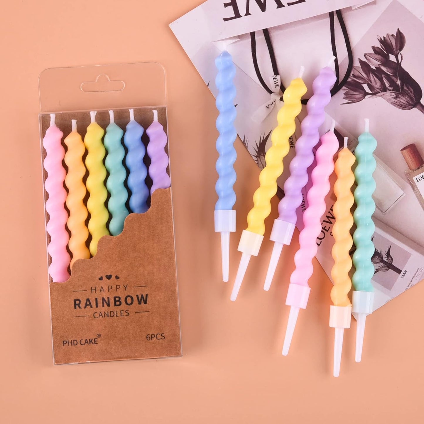 PHD CAKE 24-Count Rainbow Spiral Birthday Candles with Holders, Party 
