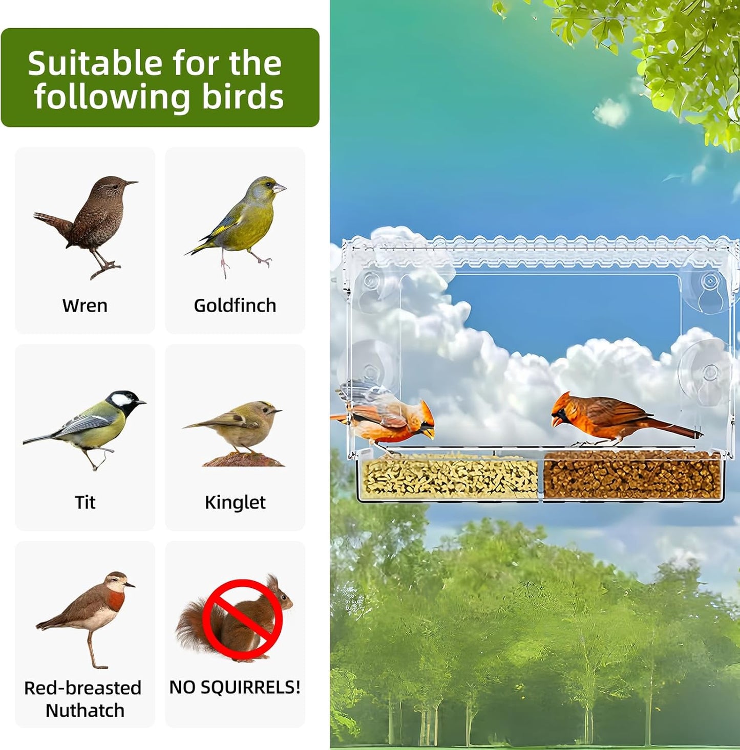 Window Bird Feeder with Strong Suction Cups – Flat-Tile Roof Acrylic Bird Feeder for Outdoors, Clear Viewing Box for Wild Birds & Cats, Easy-to-Clean, Large Capacity, Transparent Birdhouse Feeder