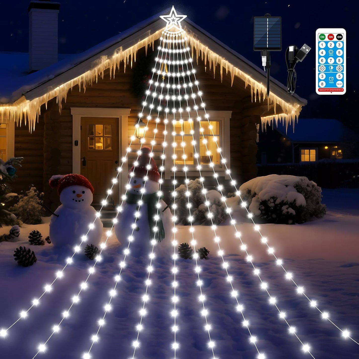 Solar Christmas Decorations Tree Lights Outdoor, 18.37ft 532LED Waterfall String Lights with 8 Modes Timer Remote Xmas Lights USB Powered for Garden Yard Patio Home Holiday Party Decor, Pure White