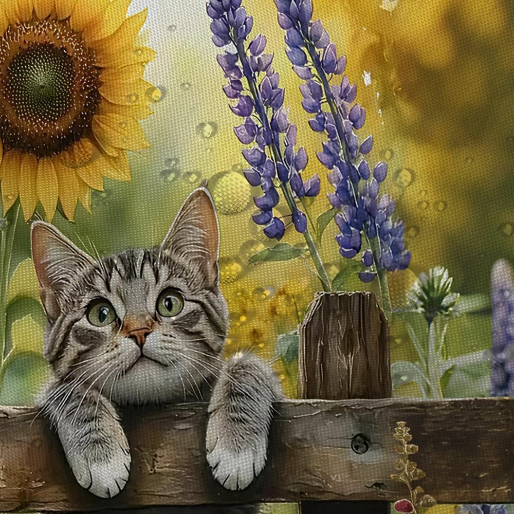 Funny Cat Shower Curtain Flower Sunflowers Helenium Cute Kitten,Spring