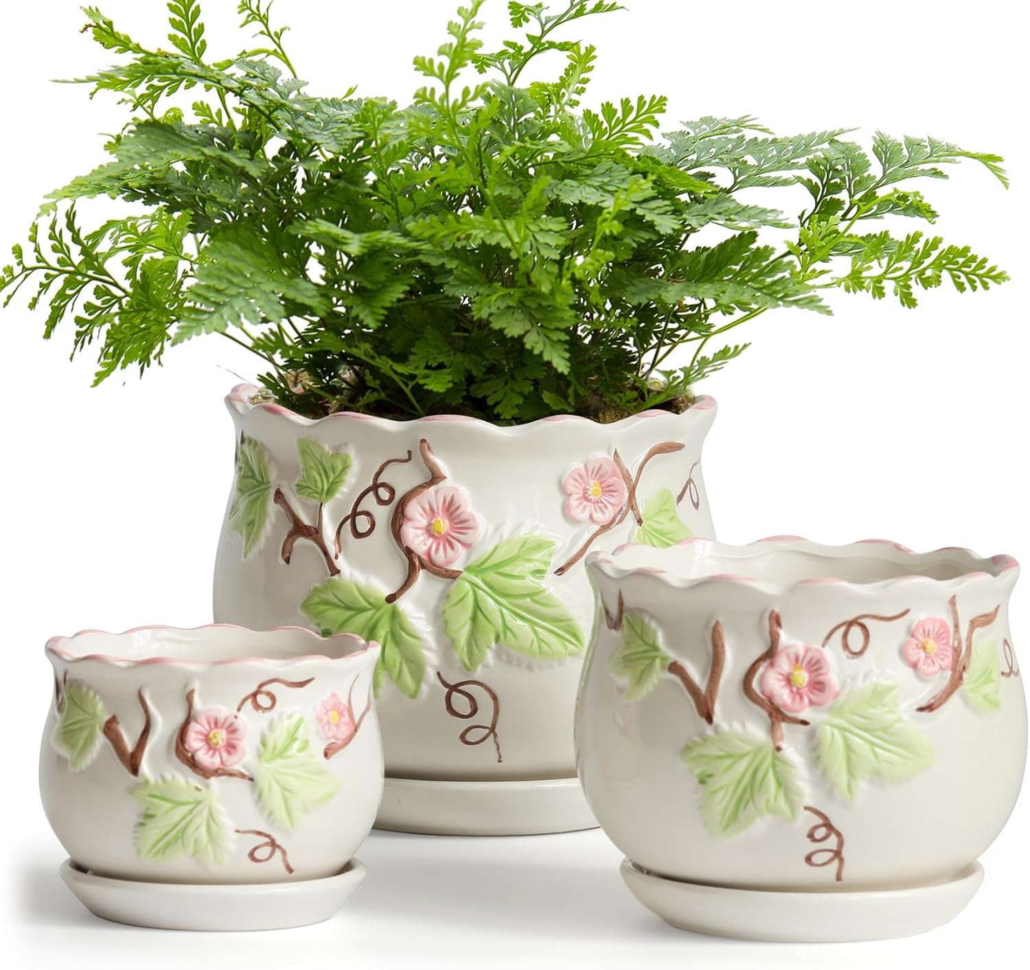 Ceramic Plant Pots with Drainage Holes and Saucers, Round Flower Pots 