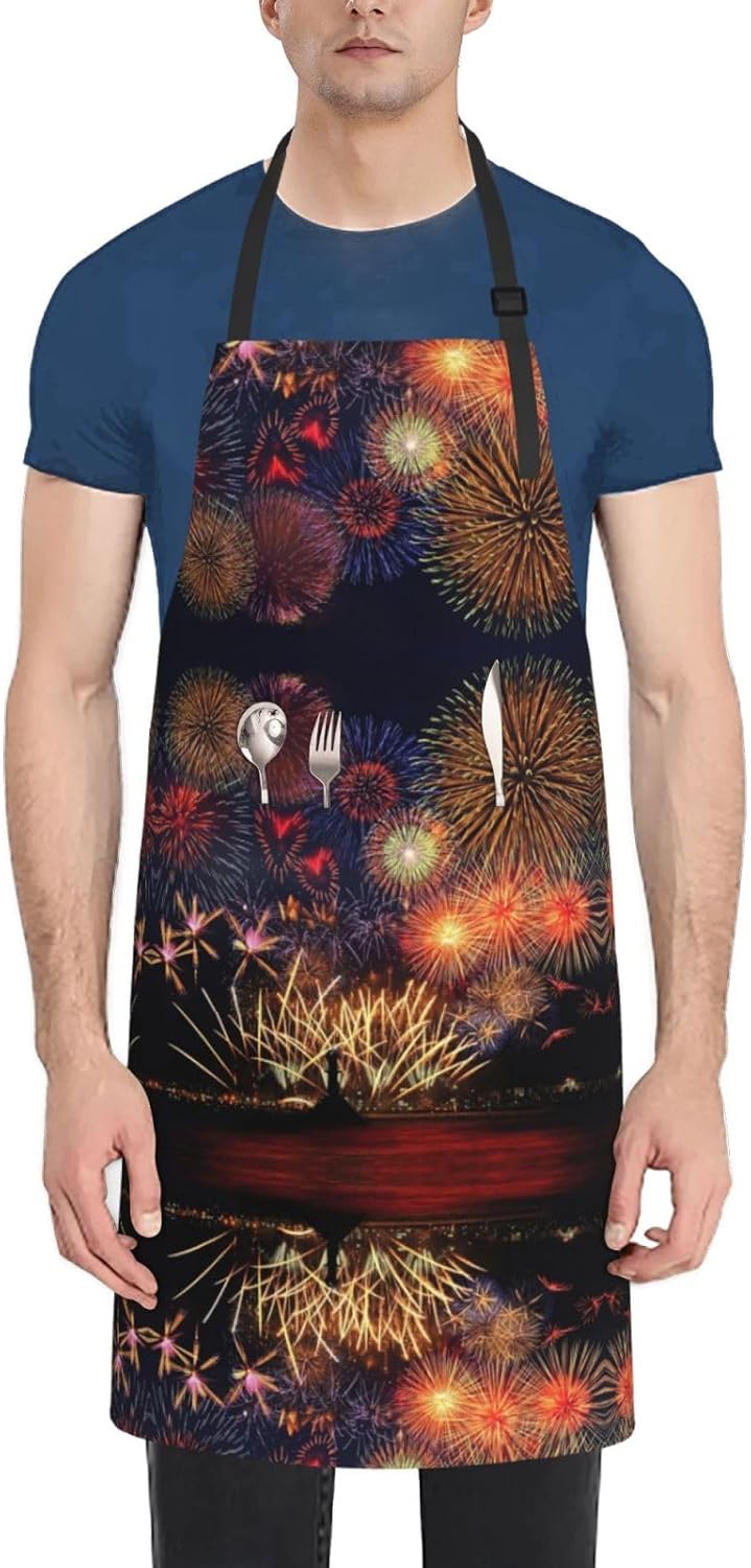Fireworks Print 28x33 In Adult Kitchen Apron with Pockets Versatile Chef Smock for Cooking Baking
